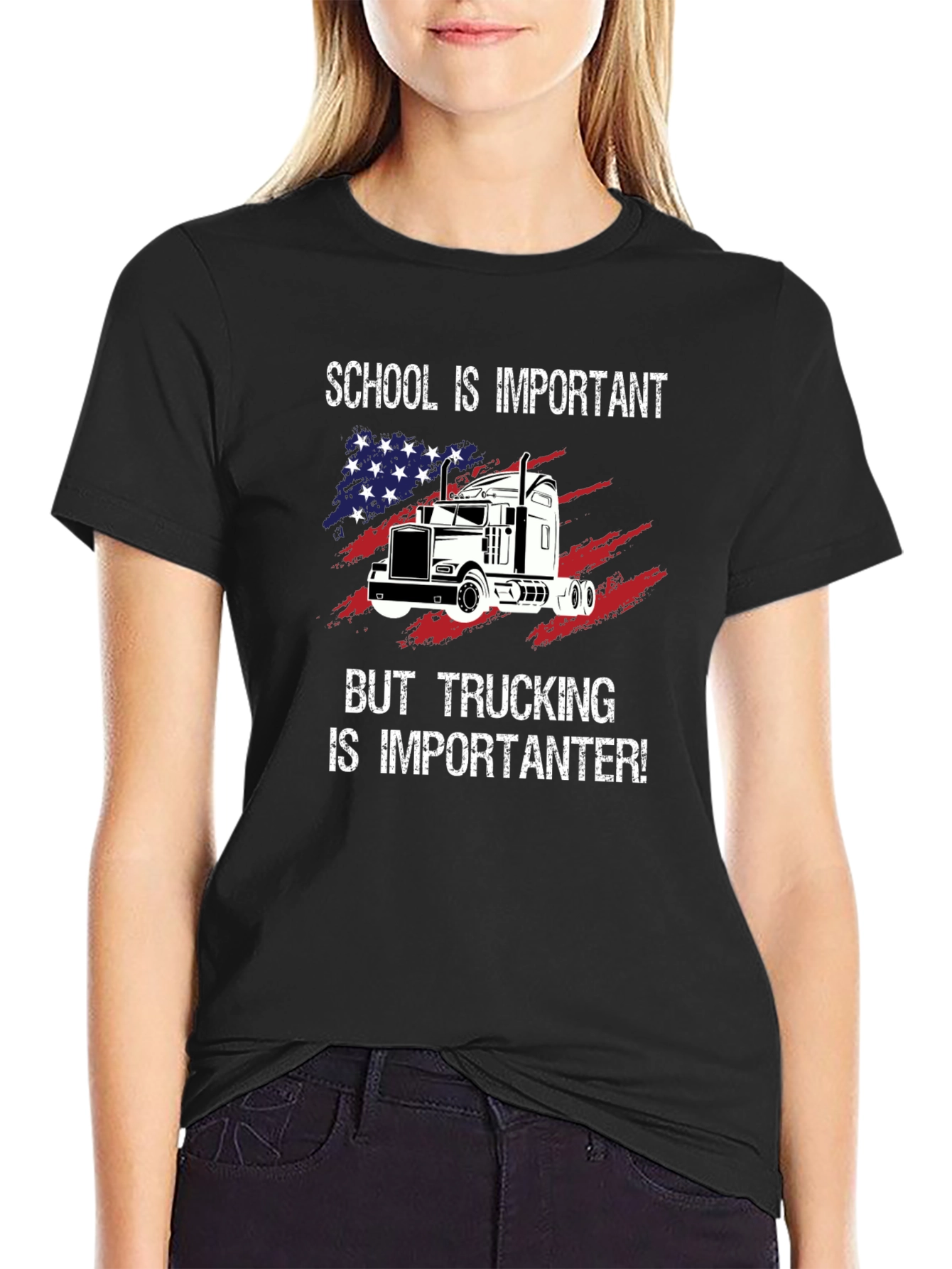 Black Trucker T-Shirt: School vs. Trucking Humor Tee view 2