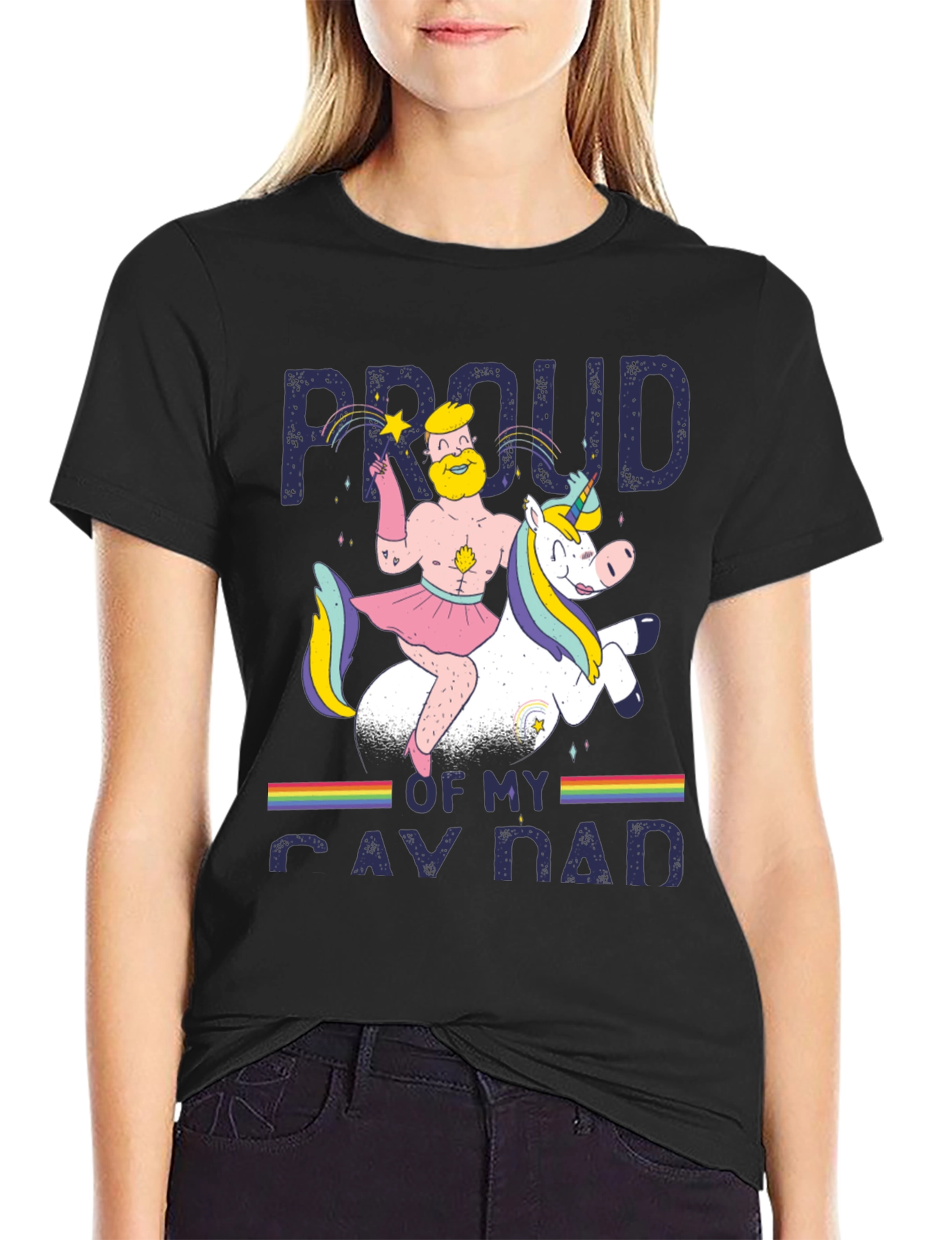 Black Proud Gay Dad T-Shirt - Rainbow Unicorn Dad Pride Tee view 2