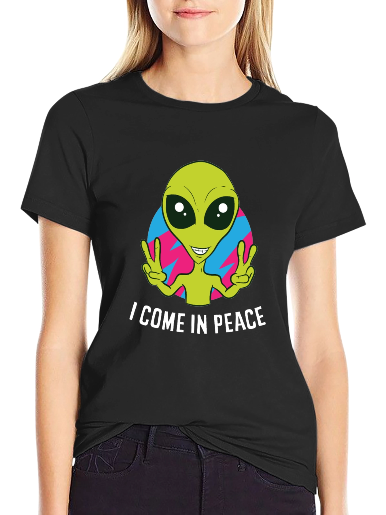 Black Peace Alien Graphic T-Shirt - Black, Short Sleeve view 2