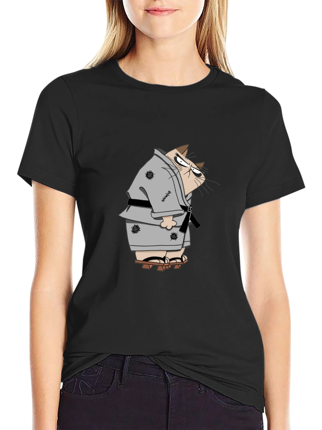 Black Grumpy Karate Cat T-Shirt view 2