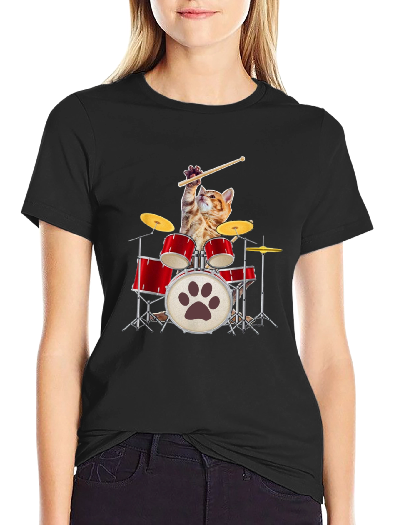 Black Cat Drummer T-Shirt - Rock Out in Style! view 2