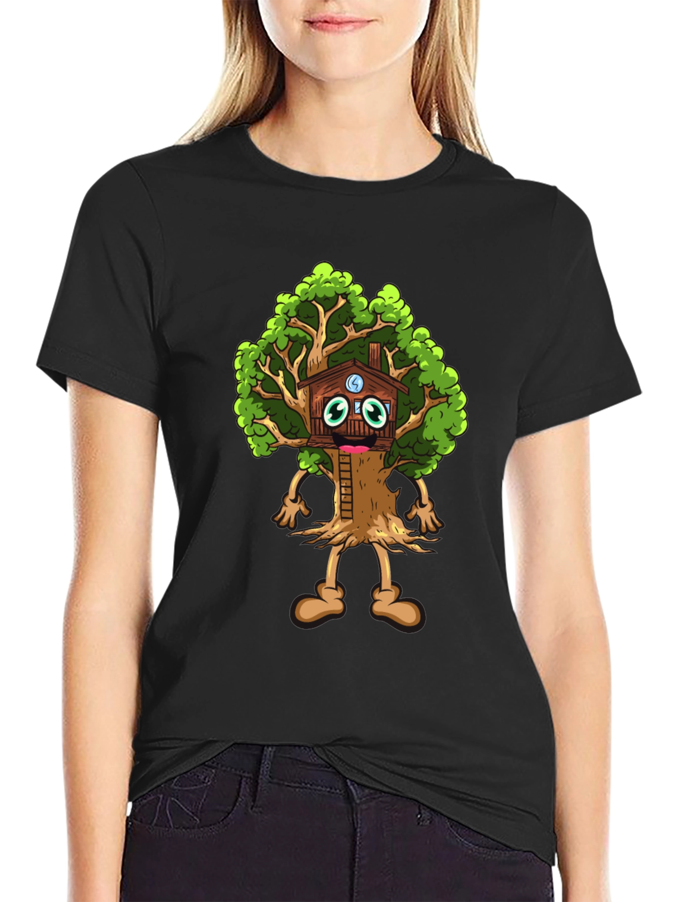 Black Cartoon Tree House T-Shirt - Unique Graphic Tee view 2