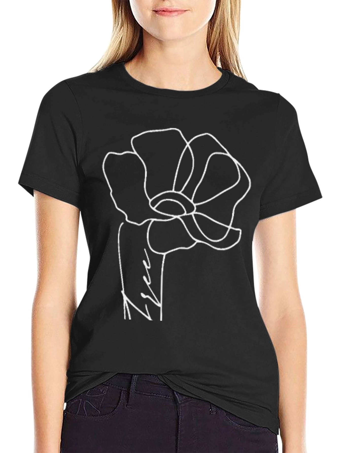 Black Minimalist Flower Graphic Black T-Shirt view 2