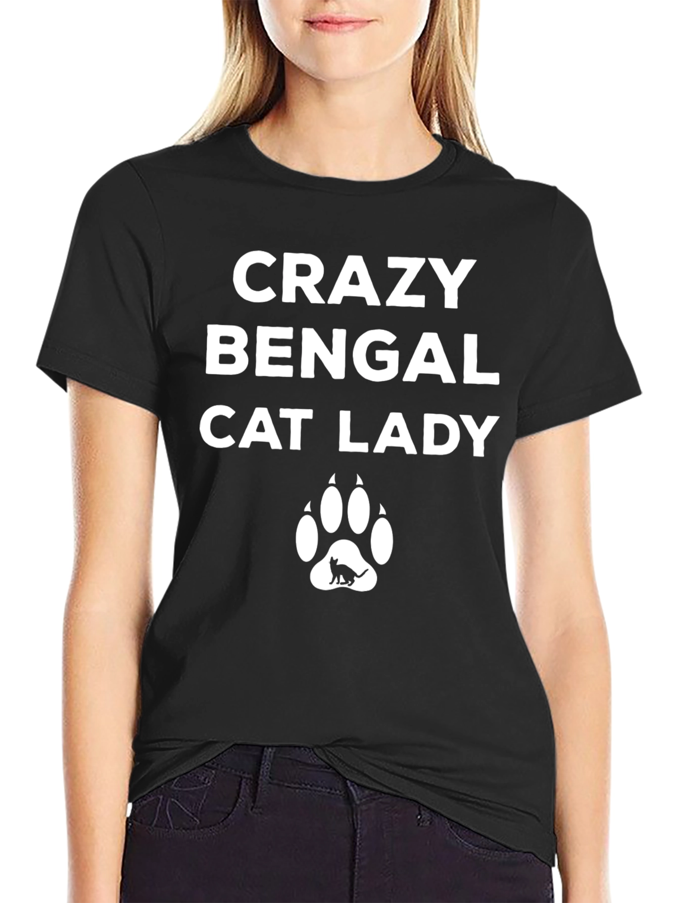 Black Crazy Bengal Cat Lady T-Shirt - Black view 2