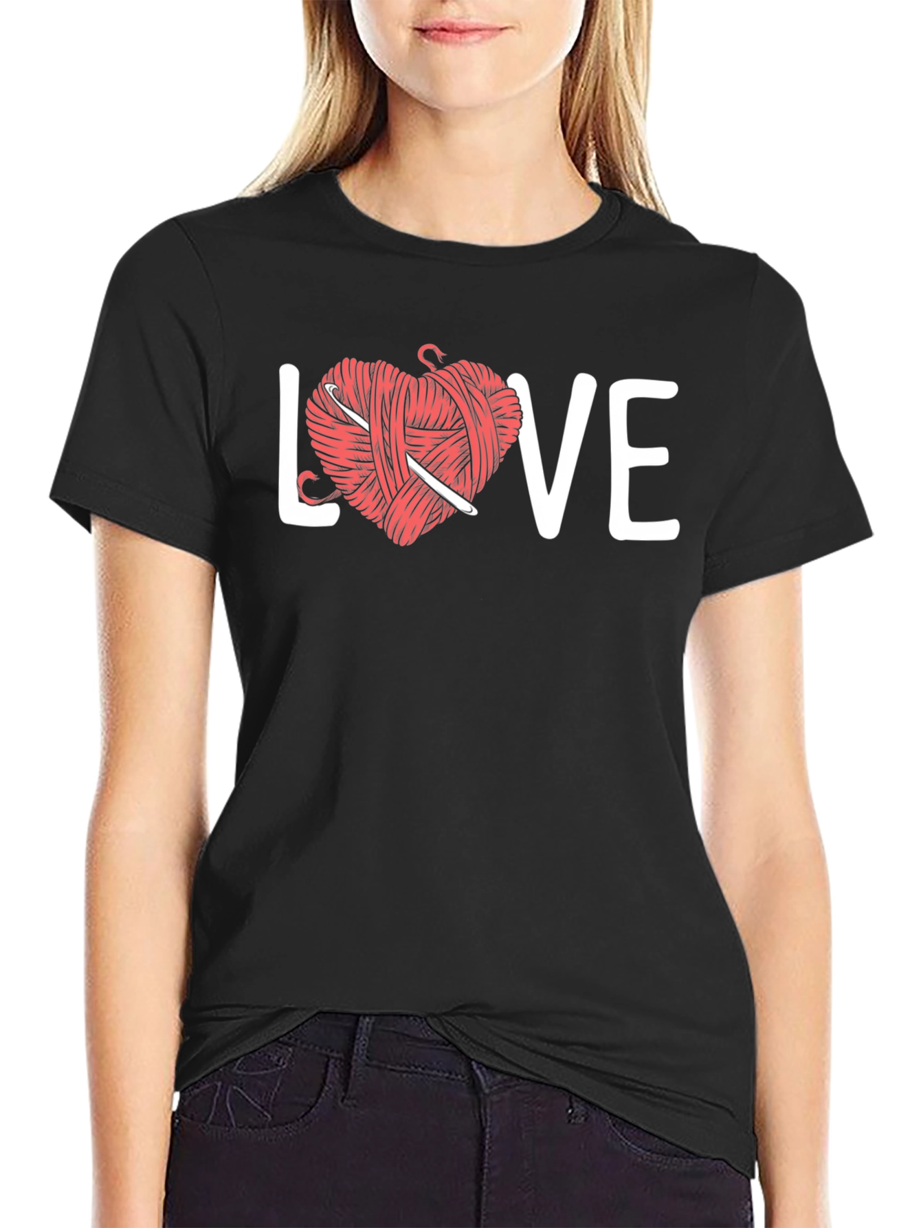 Black Crochet Love T-Shirt - Yarn Heart Graphic Tee view 2