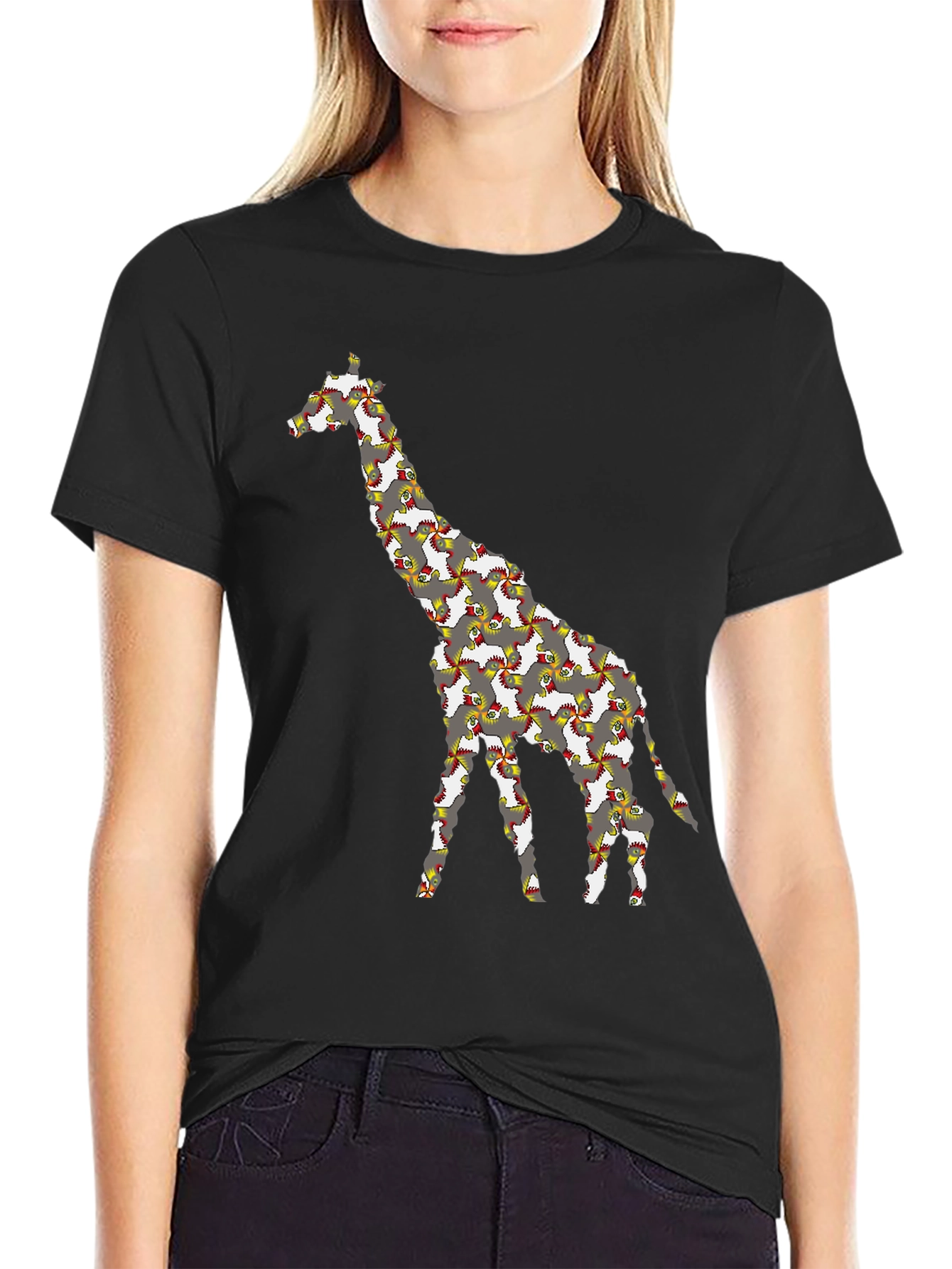 Black Giraffe Chicken T-Shirt - Quirky Animal Print Tee view 2