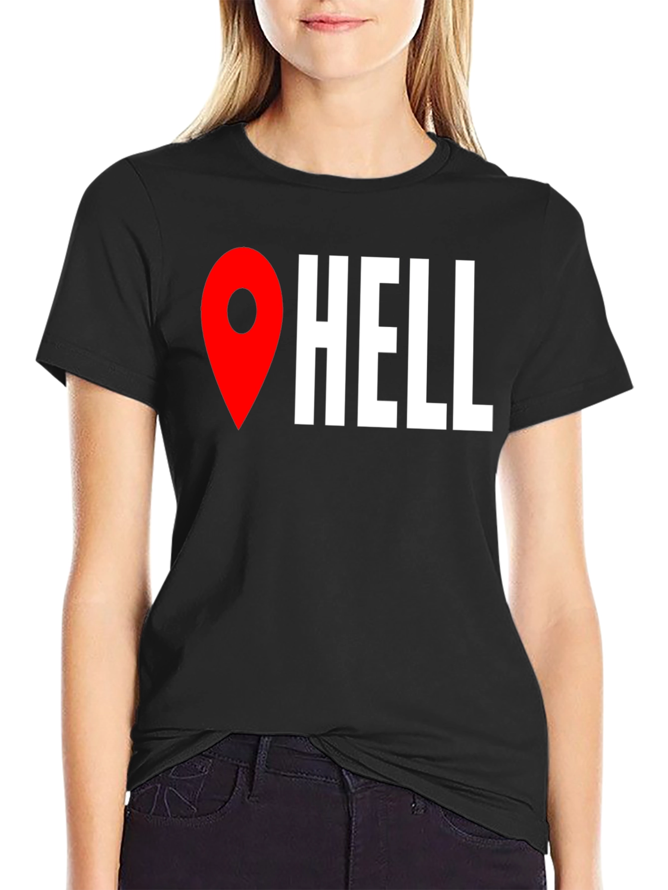 Black Funny Hell Location Pin T-Shirt view 2