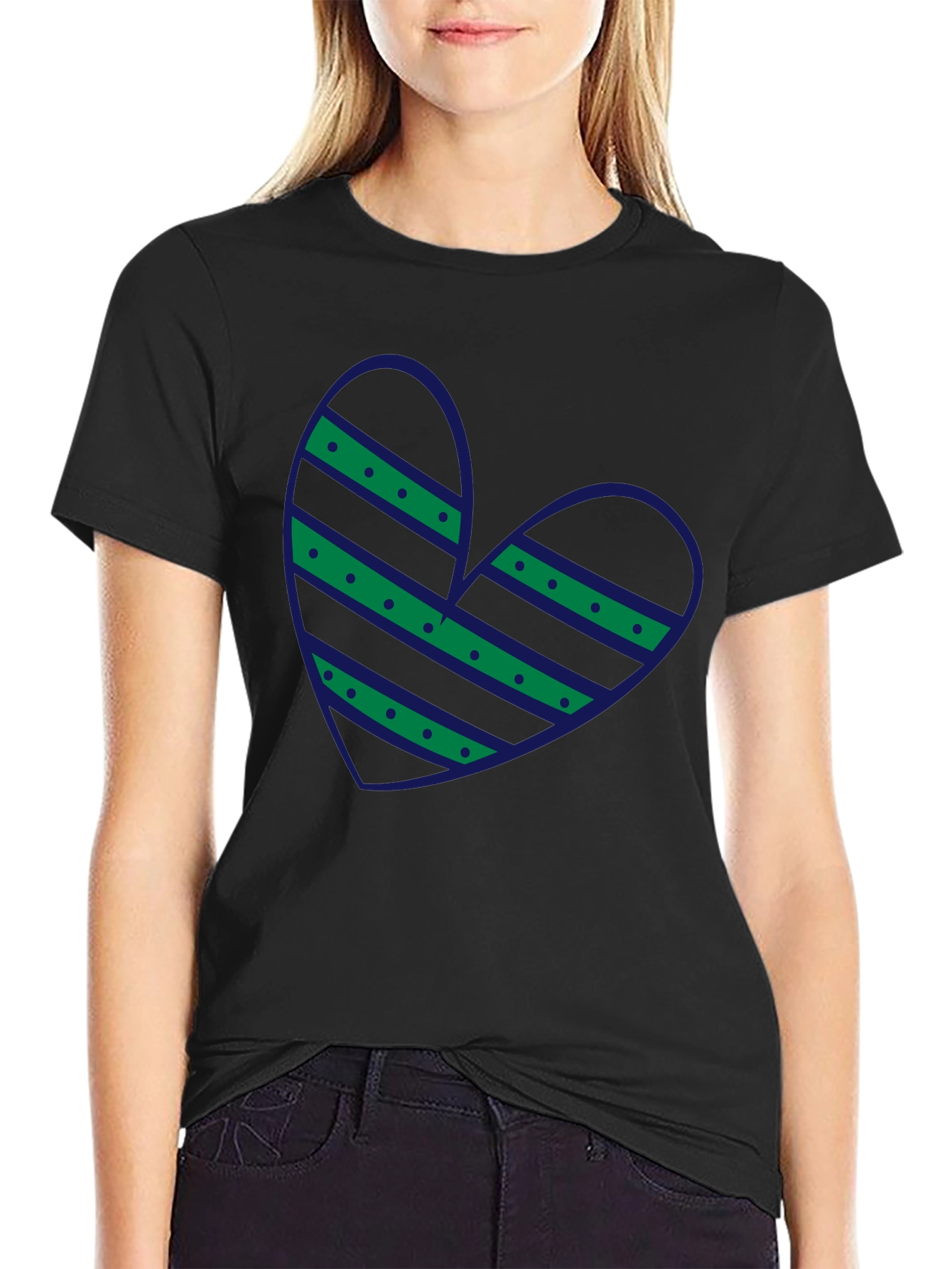 Black Striped Heart Graphic Tee - Casual Black T-Shirt view 2