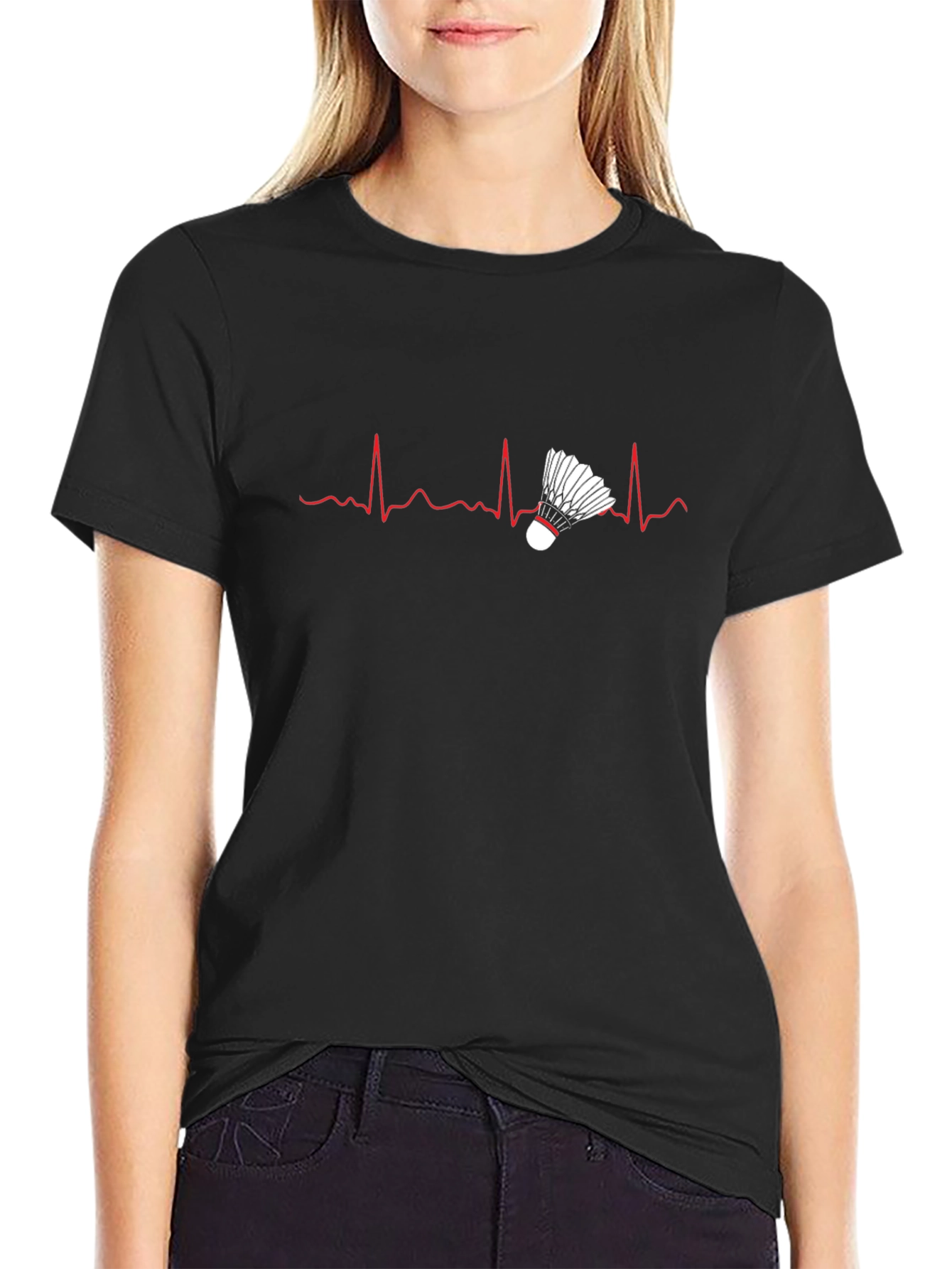 Black Badminton Heartbeat T-Shirt - Sports Tee view 2
