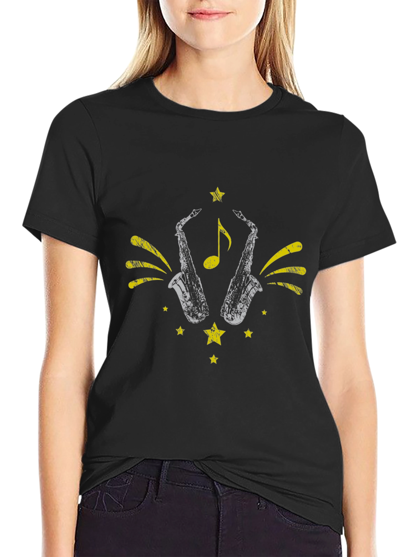 Black Stylish Black Saxophone Graphic Tee view 2