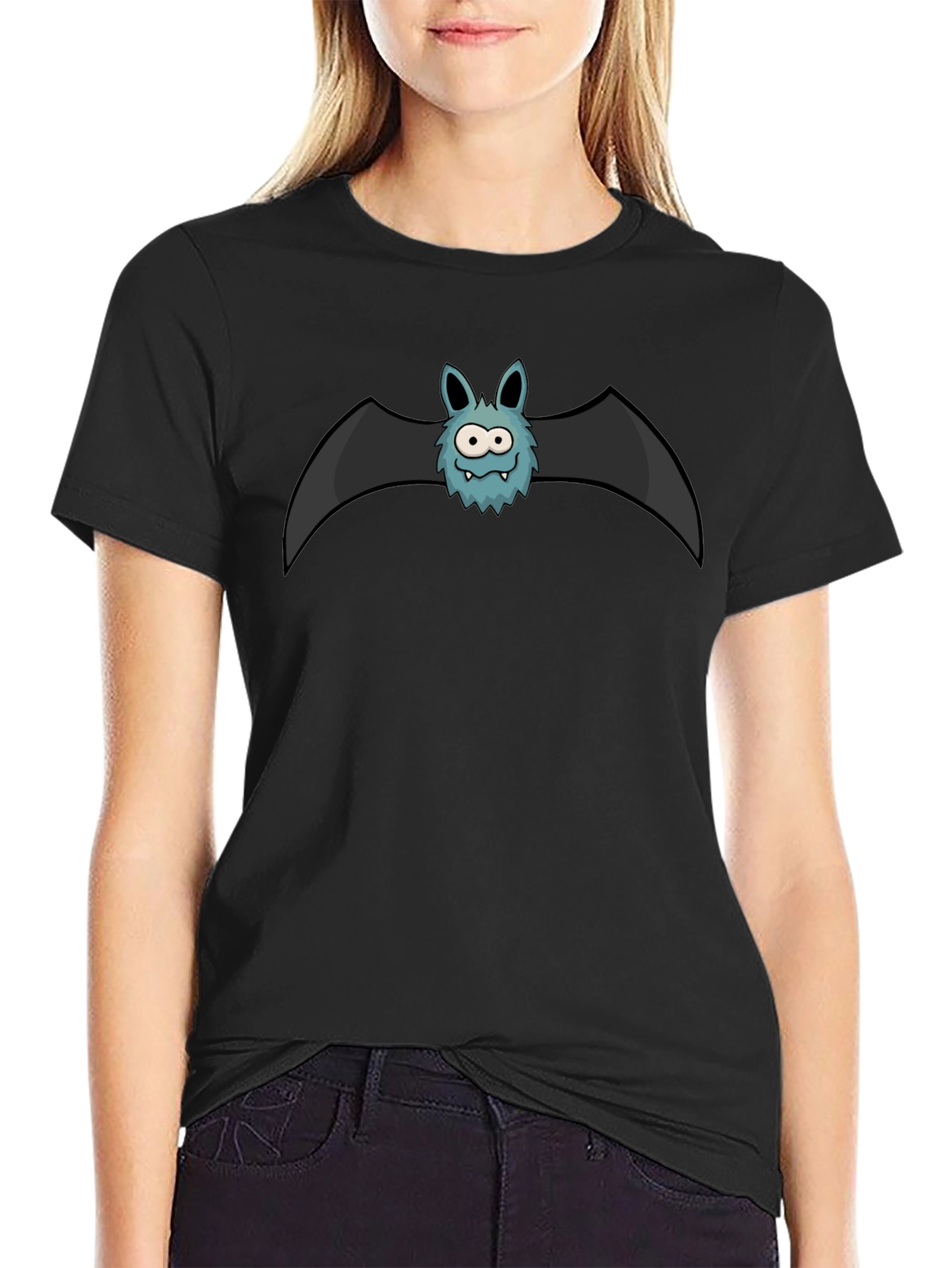 Black Cartoon Bat Graphic Tee - Black Cotton Shirt view 2
