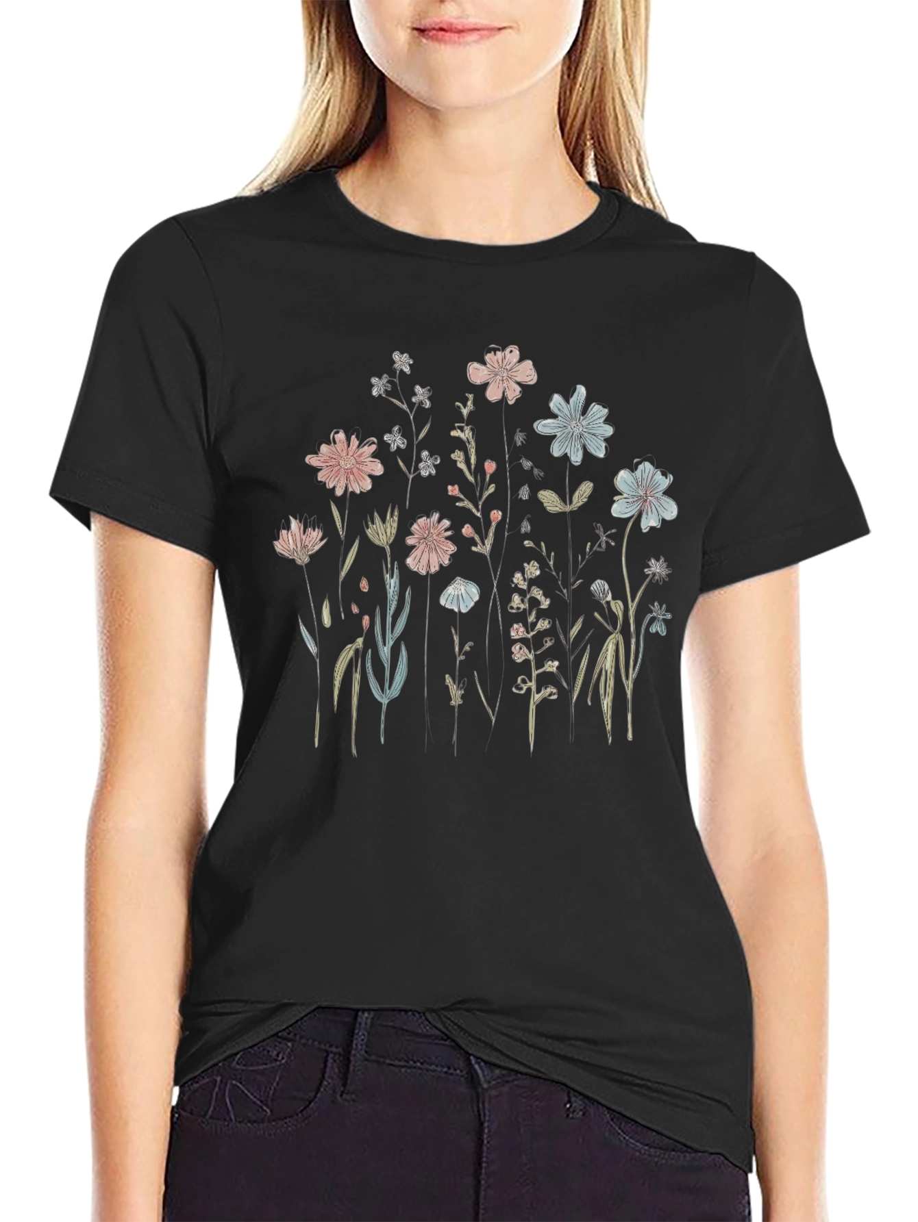 Black Floral Print Black T-Shirt view 2