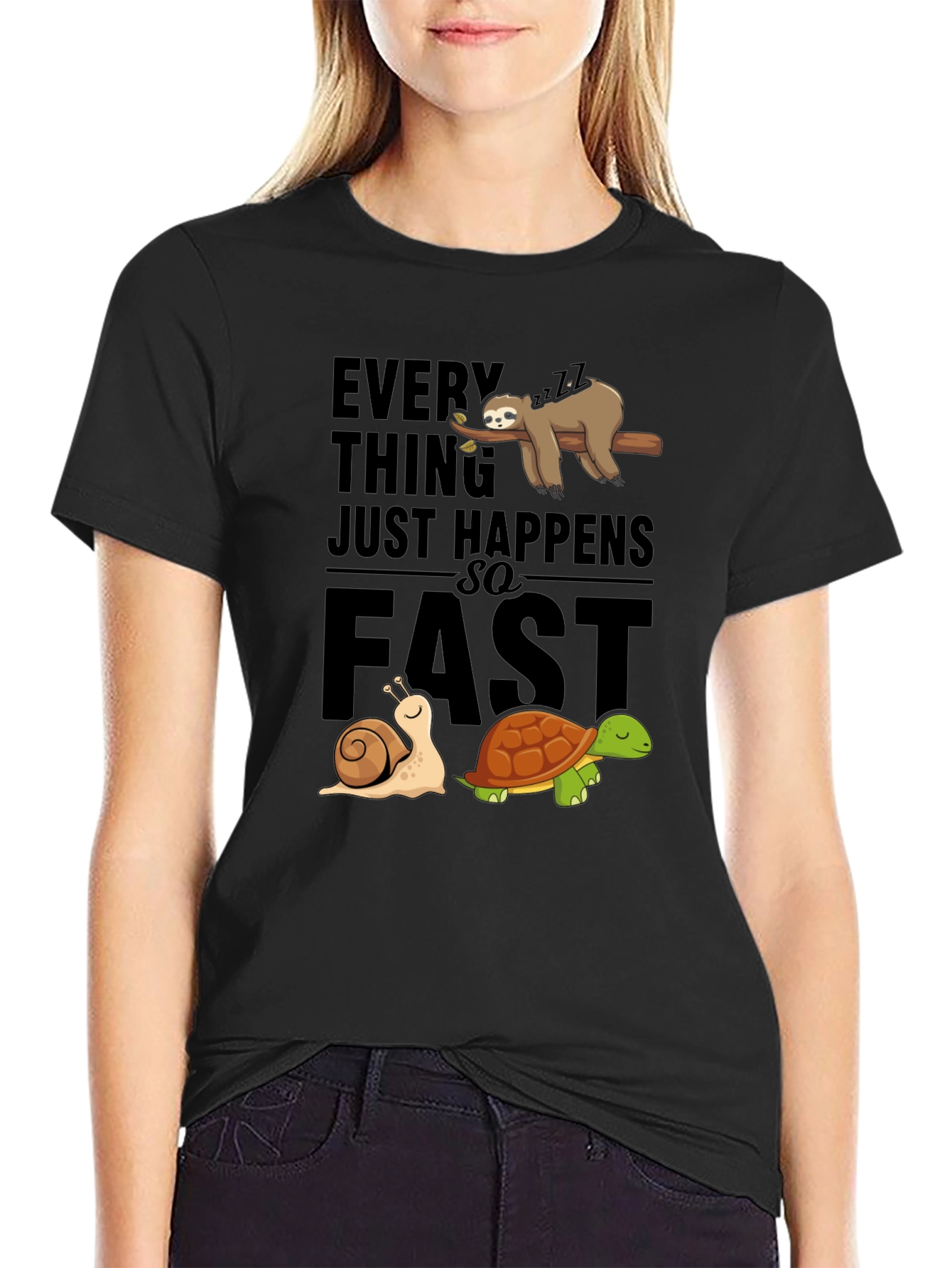 Black Funny Sloth Snail Turtle Graphic T-Shirt view 2