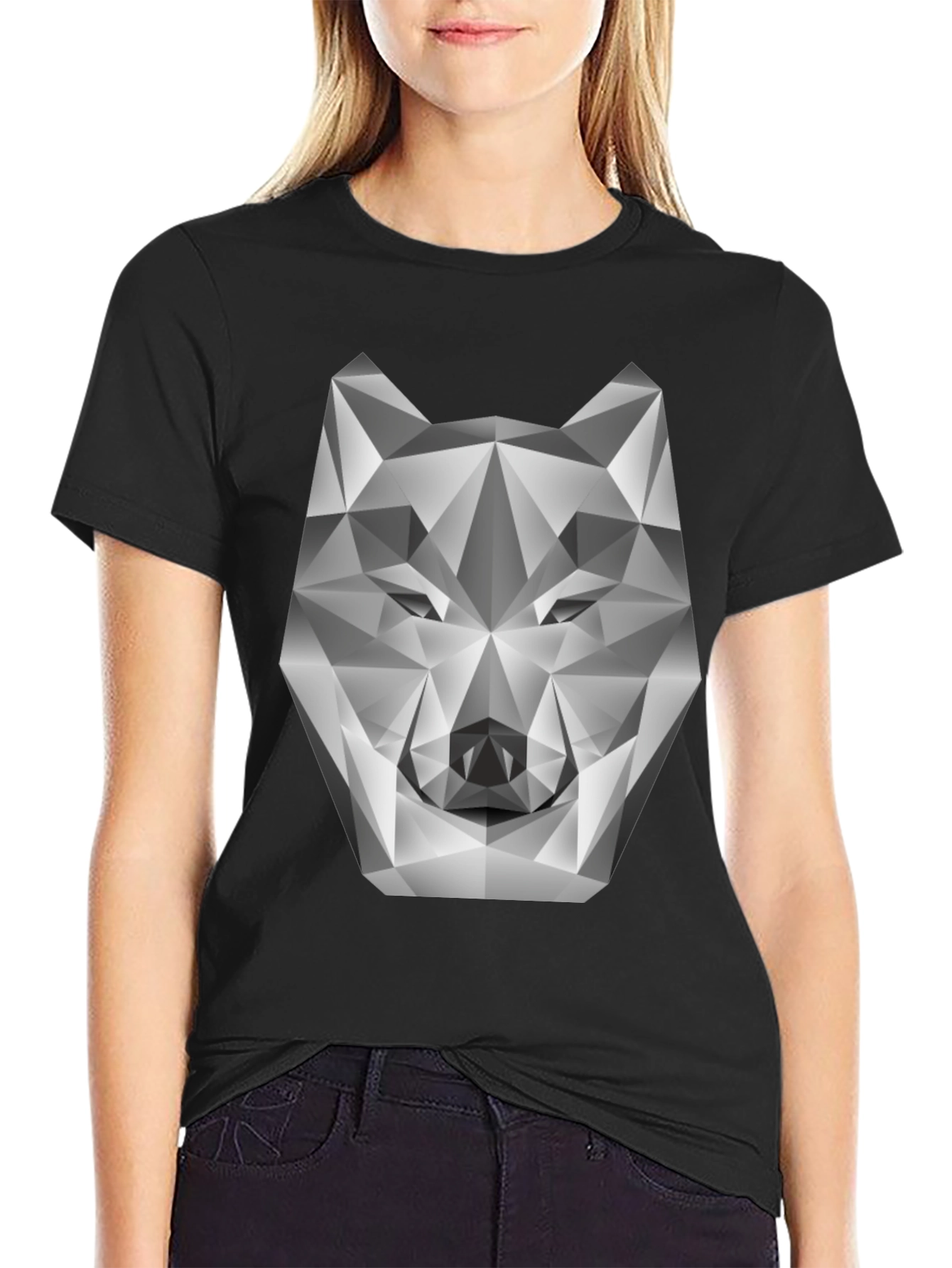Black Geometric Wolf Head Graphic Tee - Modern Style view 2