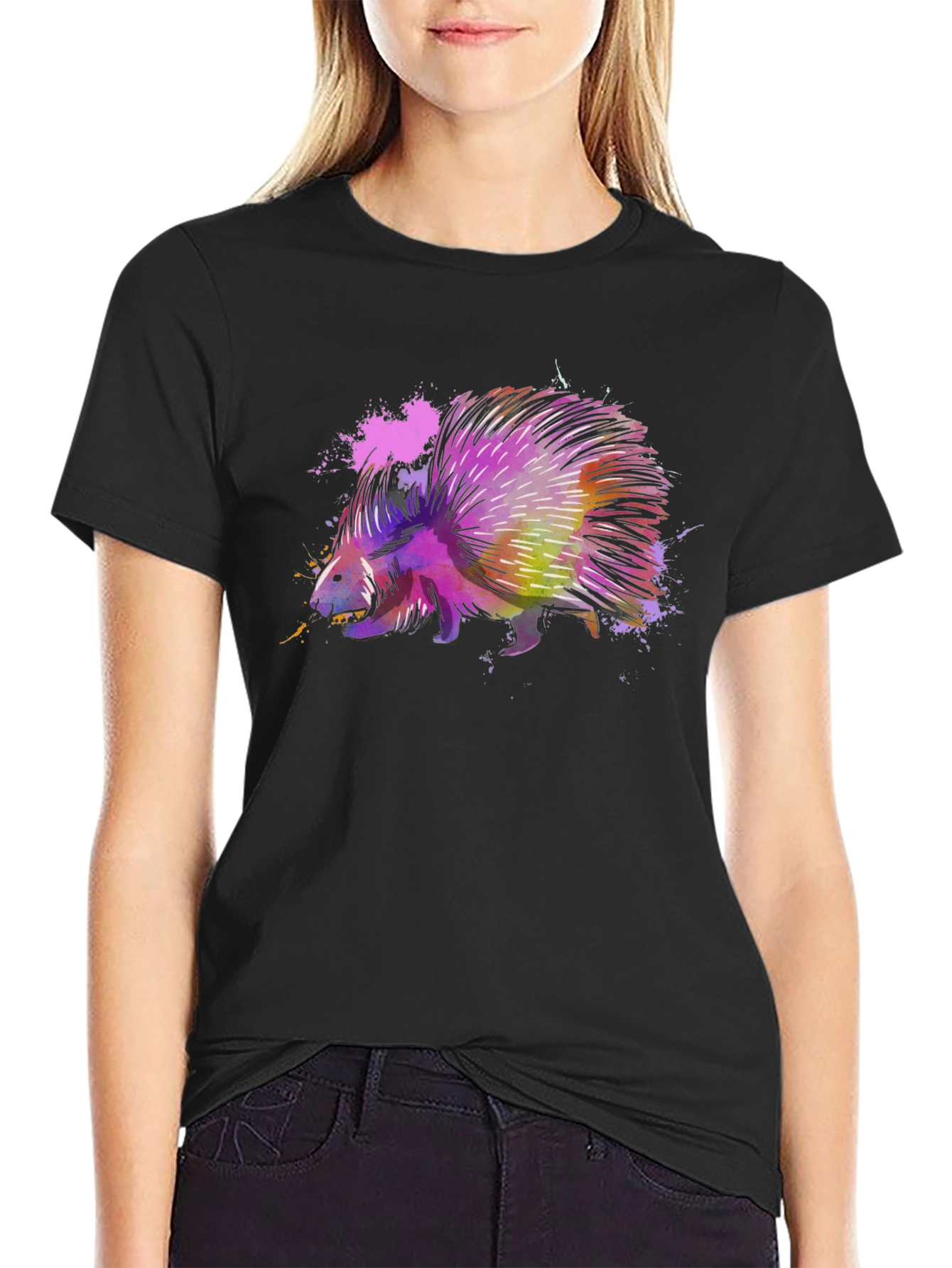 Black Watercolor Porcupine Graphic T-Shirt view 2