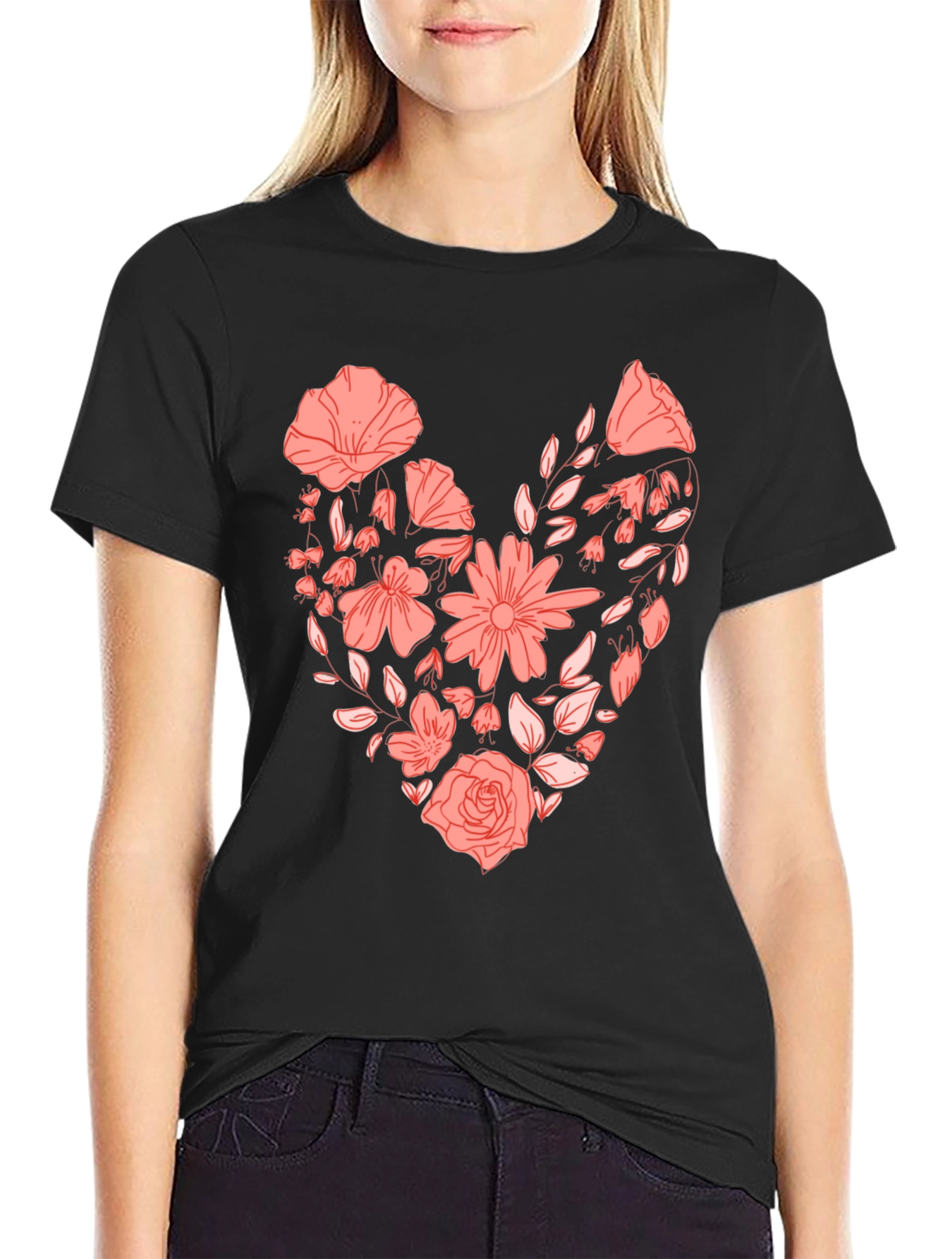 Black Floral Heart Graphic Tee - Black view 2