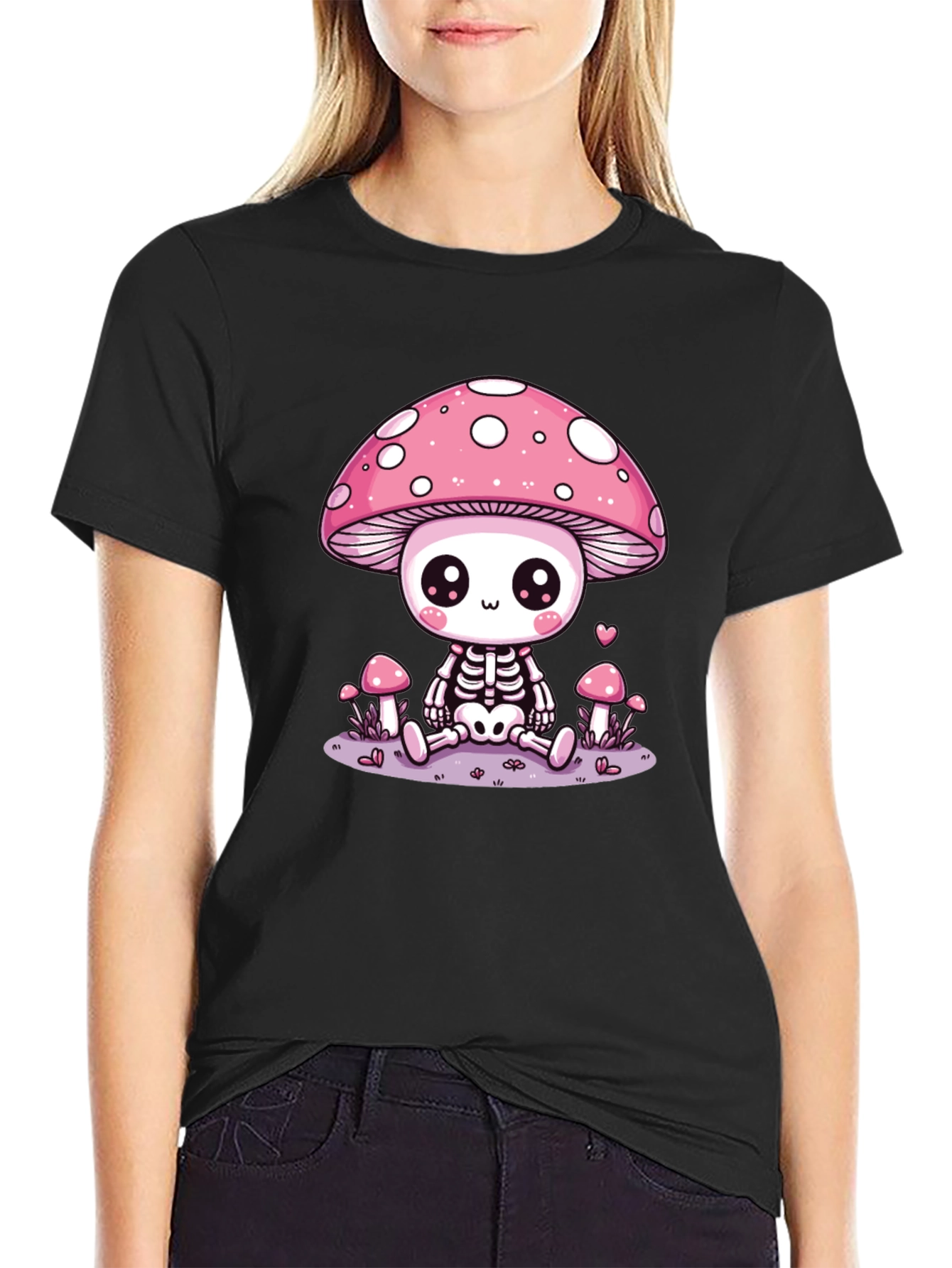 Black Mushroom Skeleton Graphic T-Shirt - Kawaii Aesthetic Tee view 2