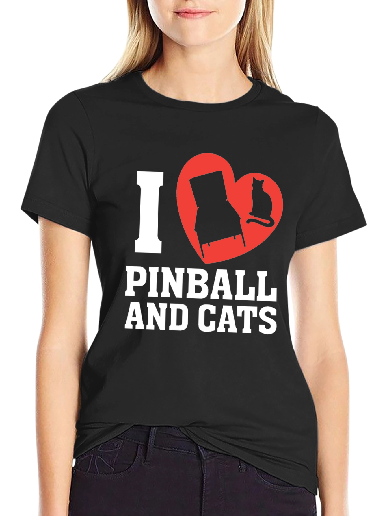 Black I Love Pinball and Cats Graphic T-Shirt view 2