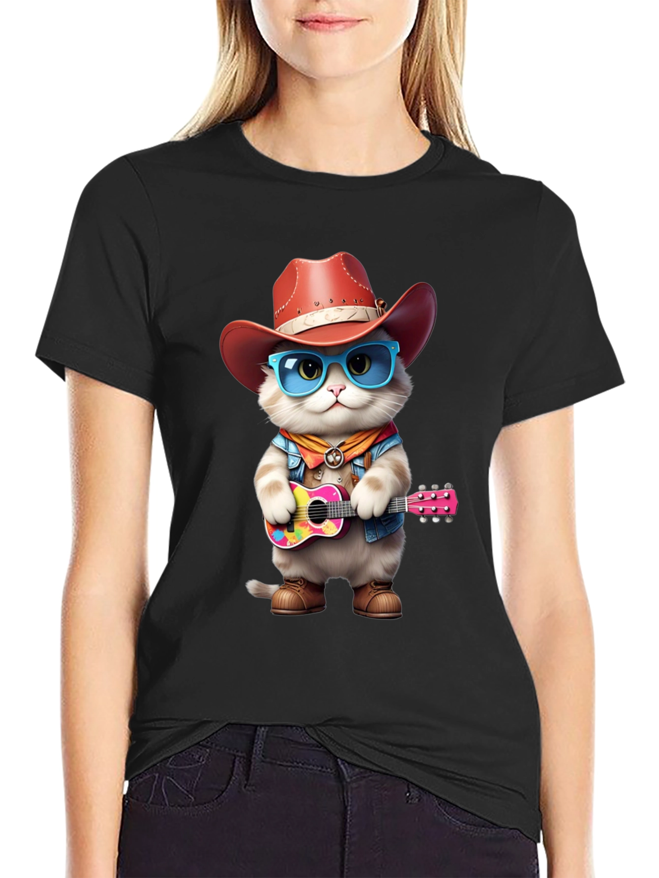 Black Cat Cowboy Guitar T-Shirt view 2