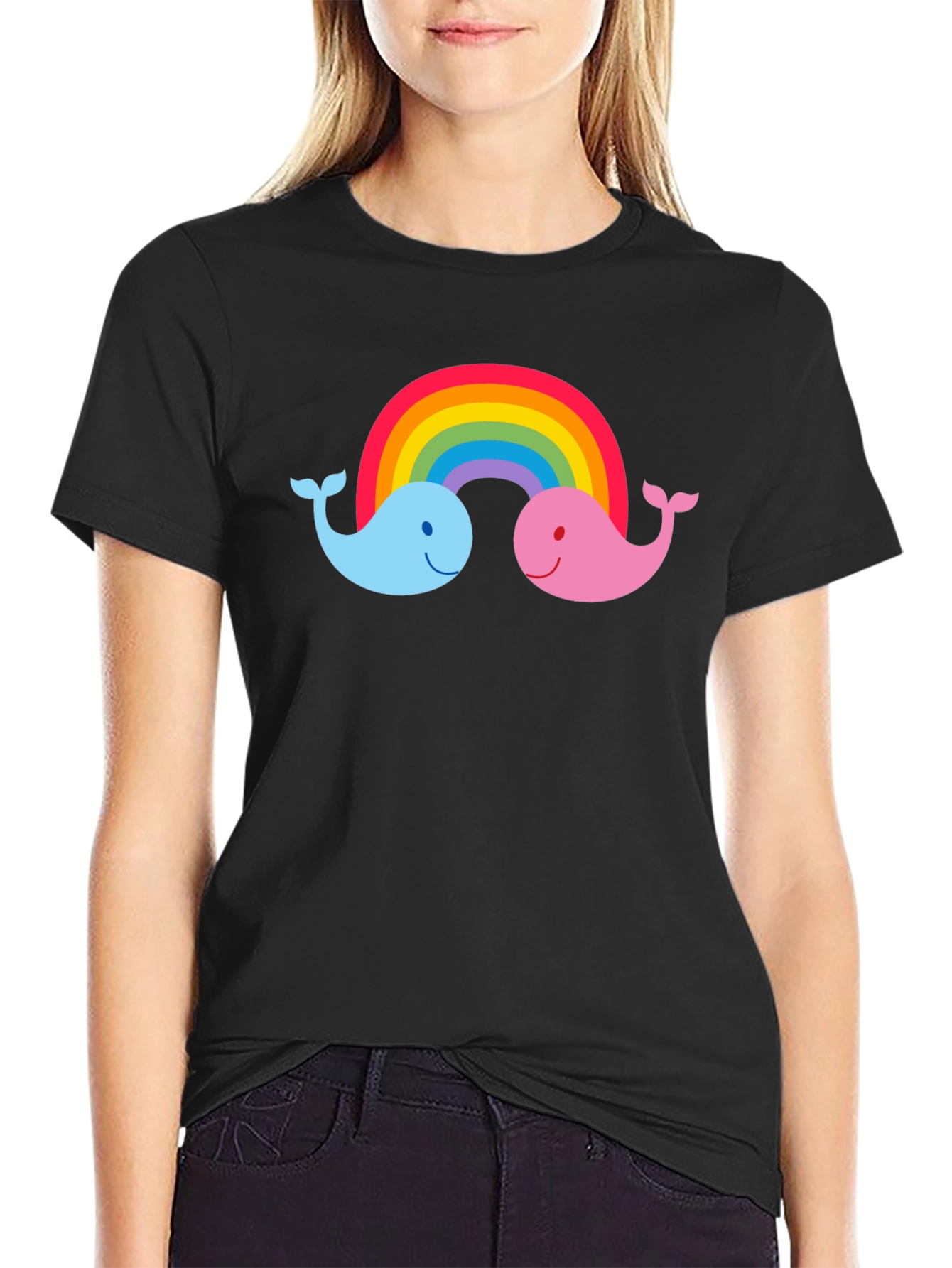Black Rainbow Whale Graphic Tee - Black Cotton T-Shirt view 2