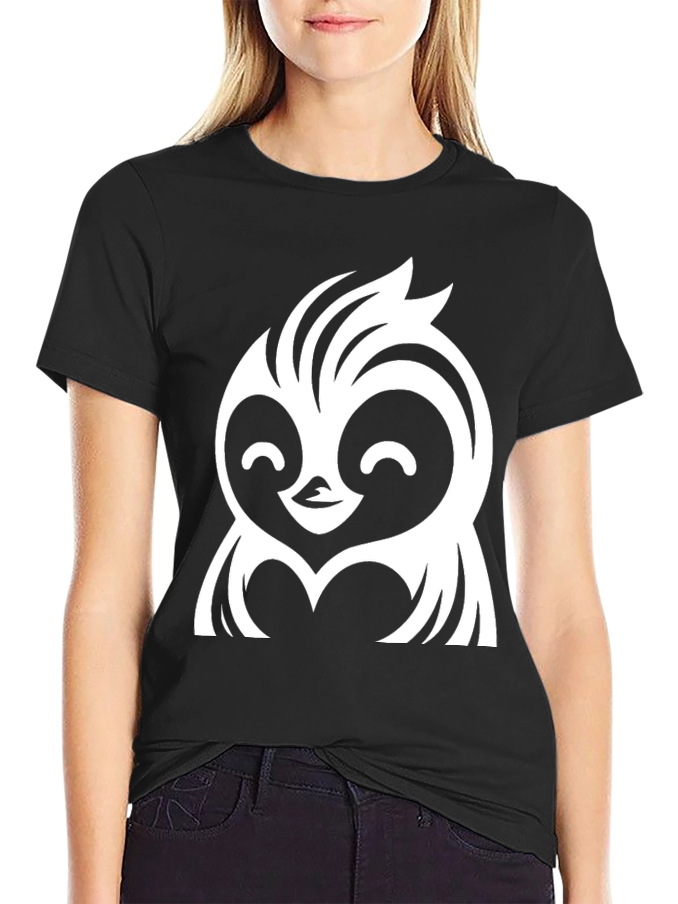 Black Cute Cartoon Owl Graphic Tee - Black Cotton view 2
