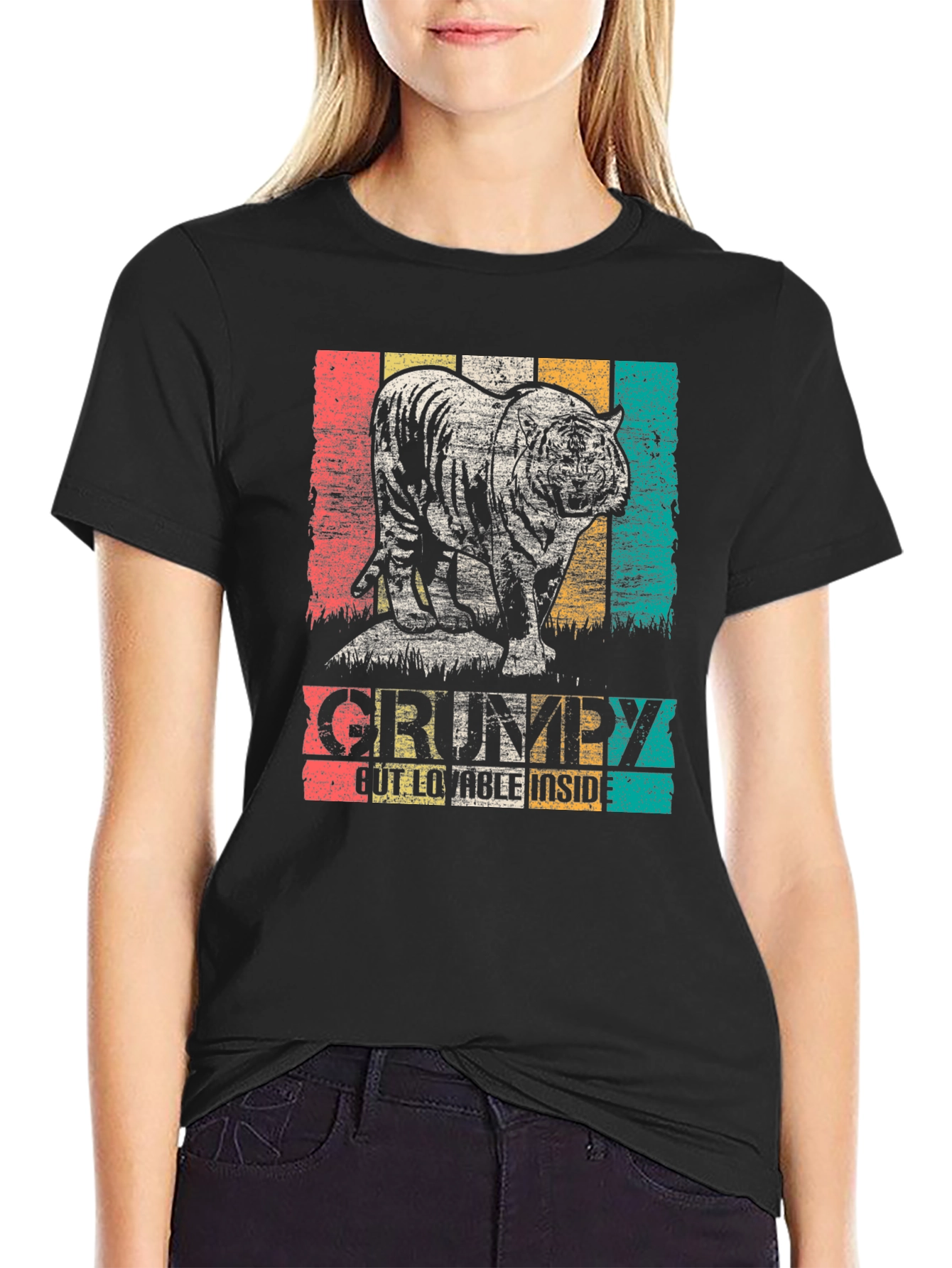 Black Grumpy Tiger Graphic Tee - Black Cotton T-Shirt view 2