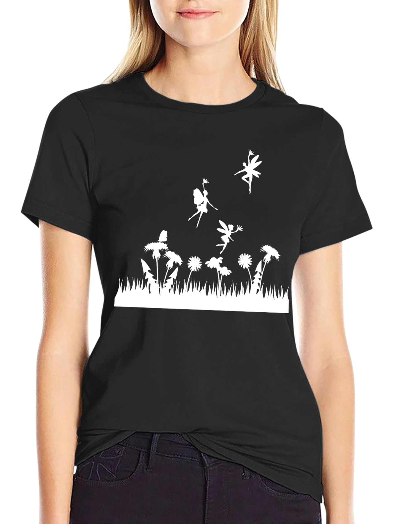 Black Whimsical Fairy Graphic Tee - Black Cotton Shirt view 2