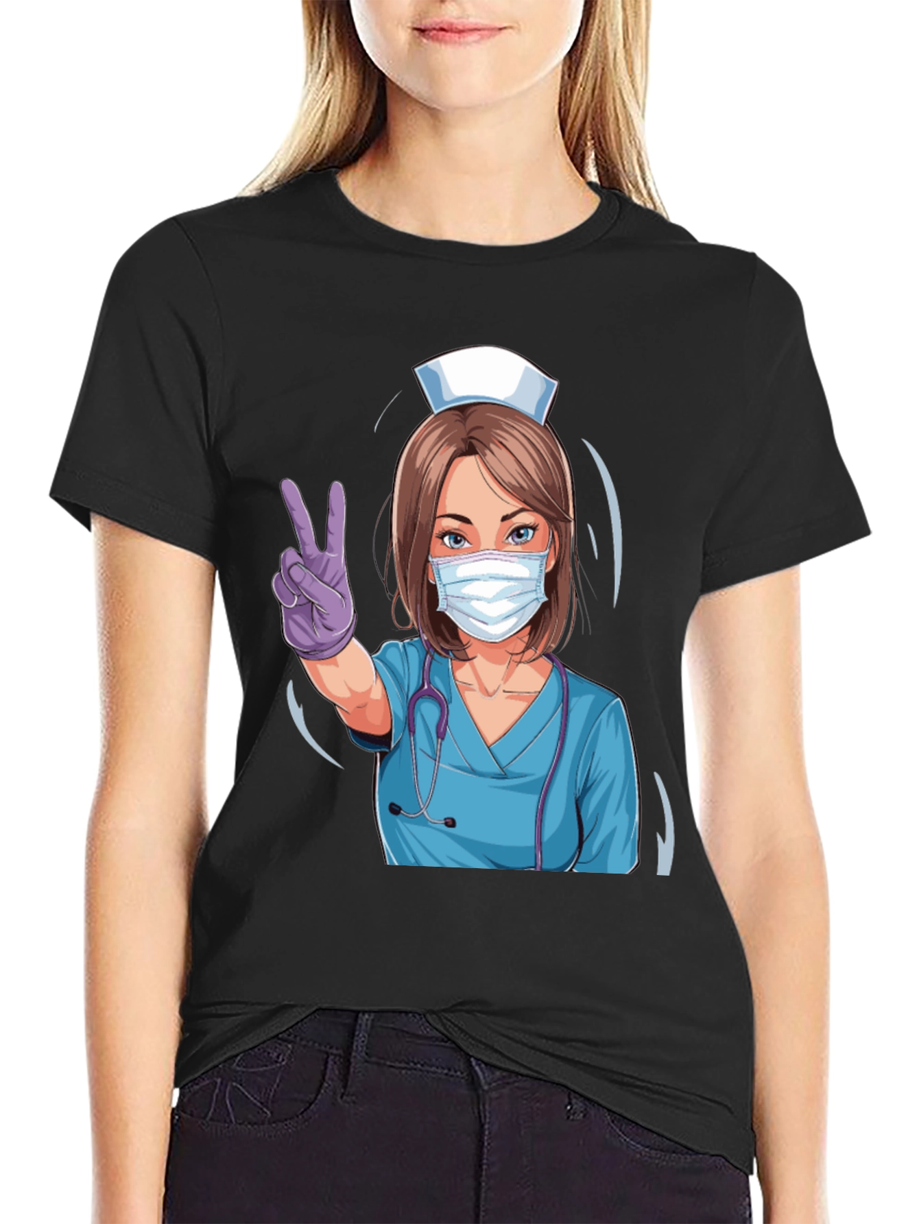 Black Nurse Victory Sign Black T-Shirt view 2