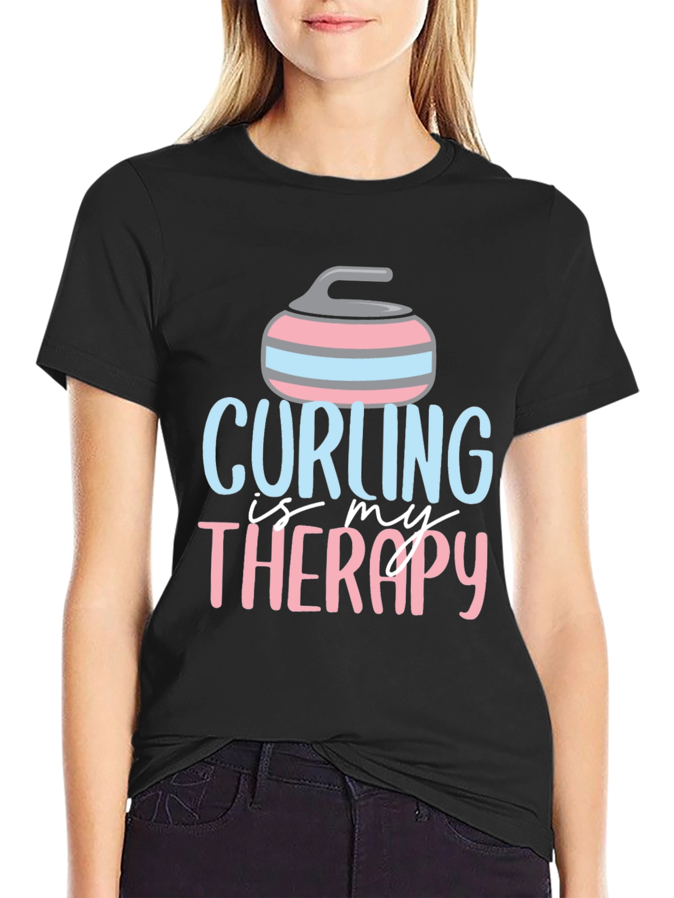 Black Curling Is My Therapy Graphic T-Shirt view 2