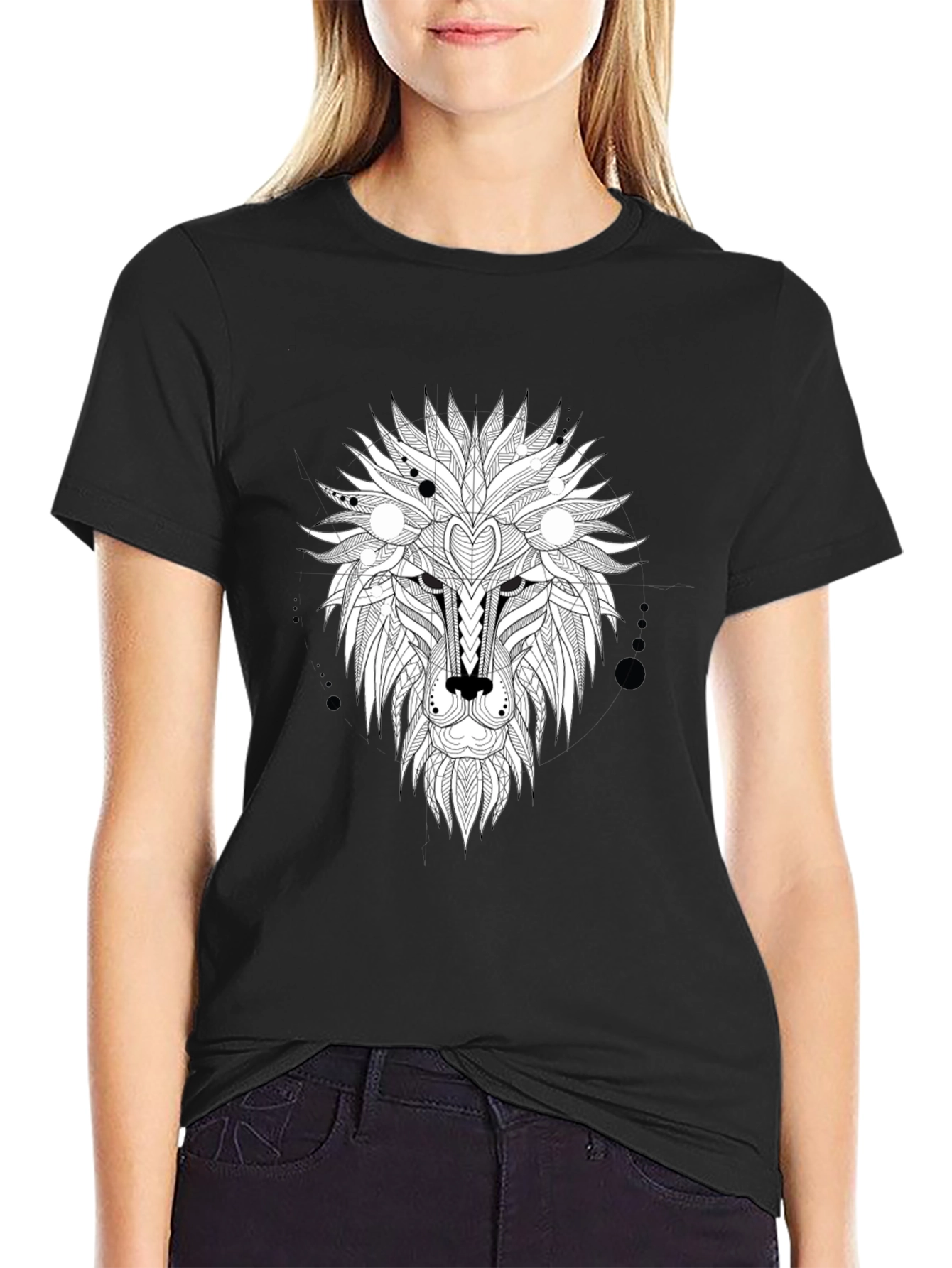 Black Abstract Lion Head Graphic Tee - Black view 2