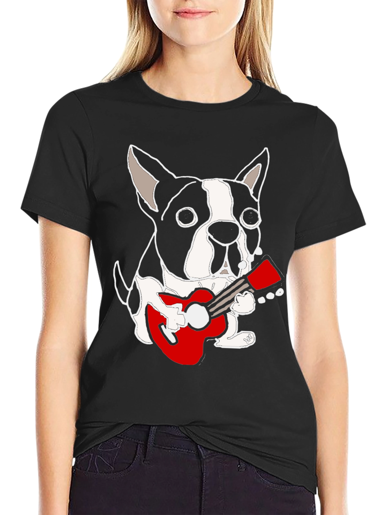 Black Dog Playing Guitar Graphic Tee - Black Cotton Casual T-Shirt view 2
