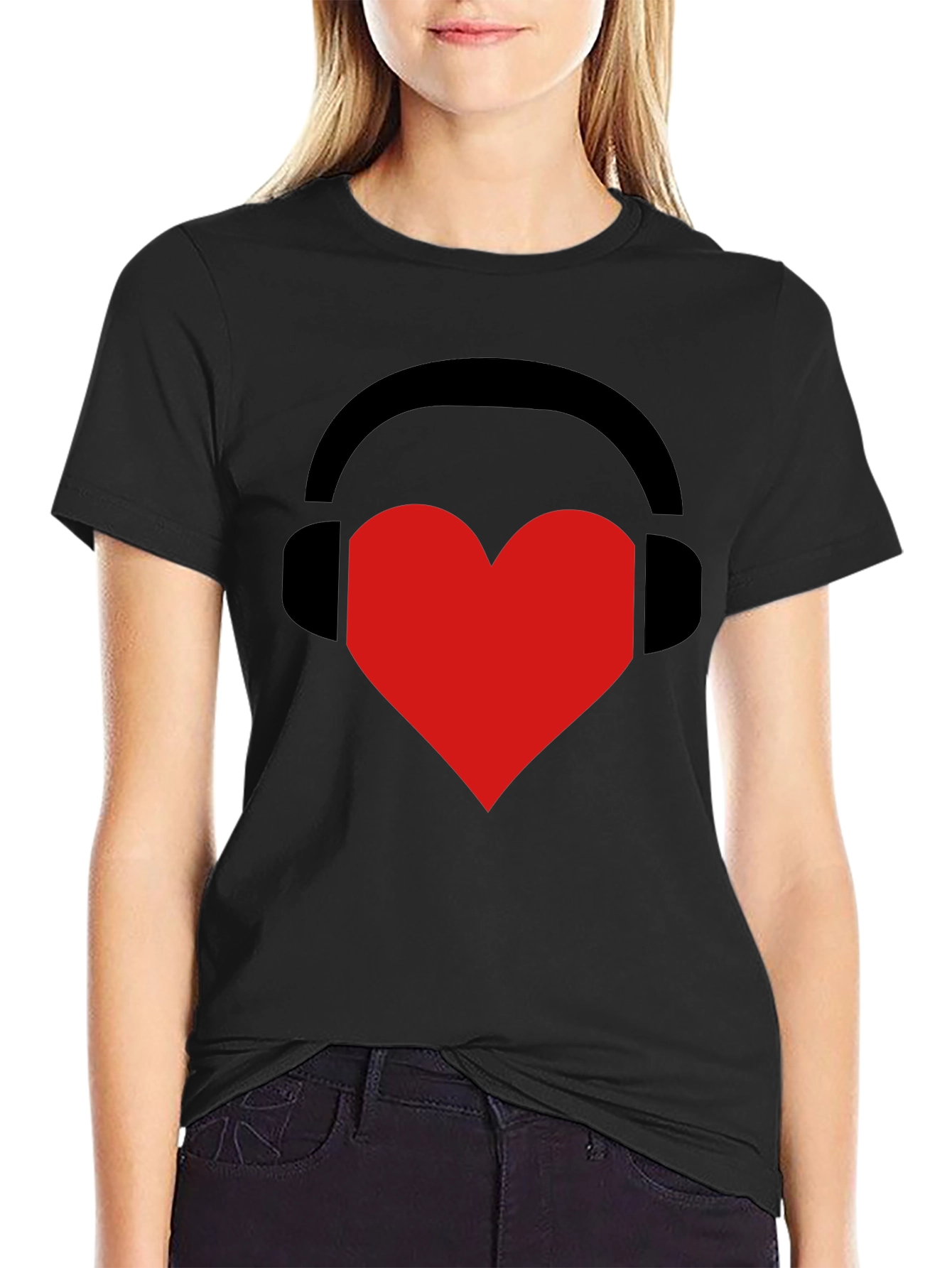 Black Music Lover Tee: Heart Headphones Graphic T-Shirt view 2