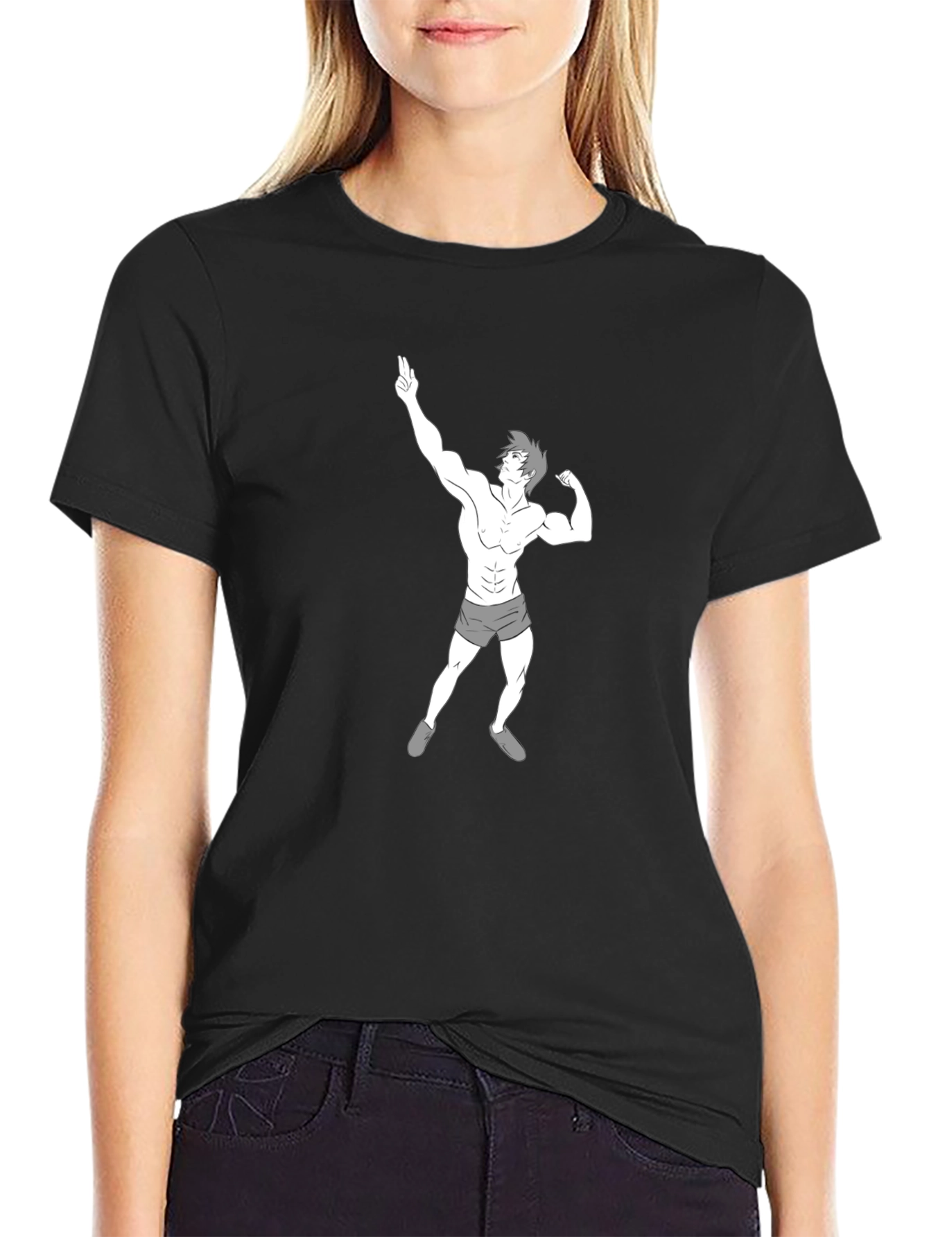 Black Men's Black T-Shirt with Cartoon Bodybuilder Graphic view 2