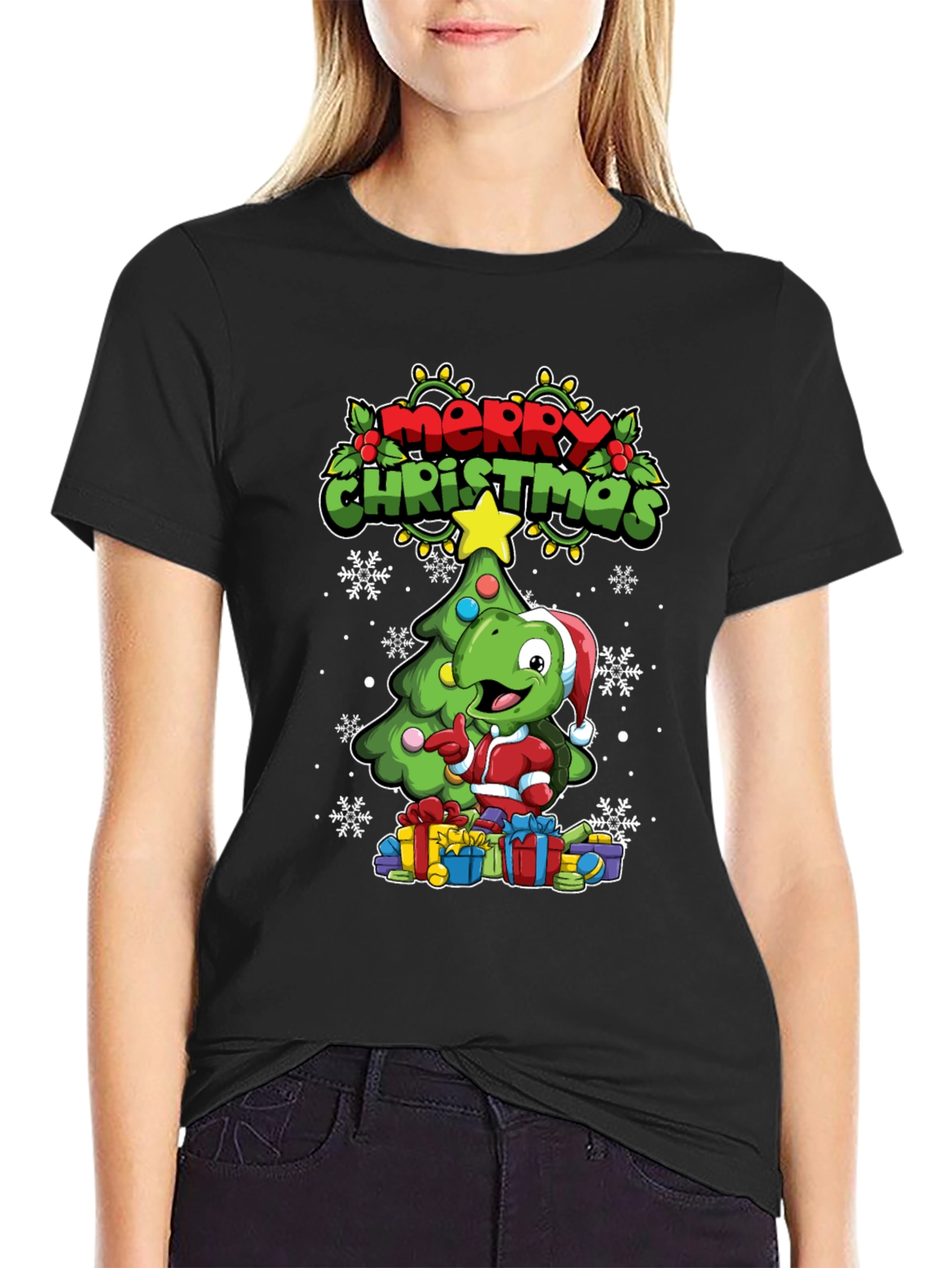 Black Festive Dino Christmas T-Shirt view 2