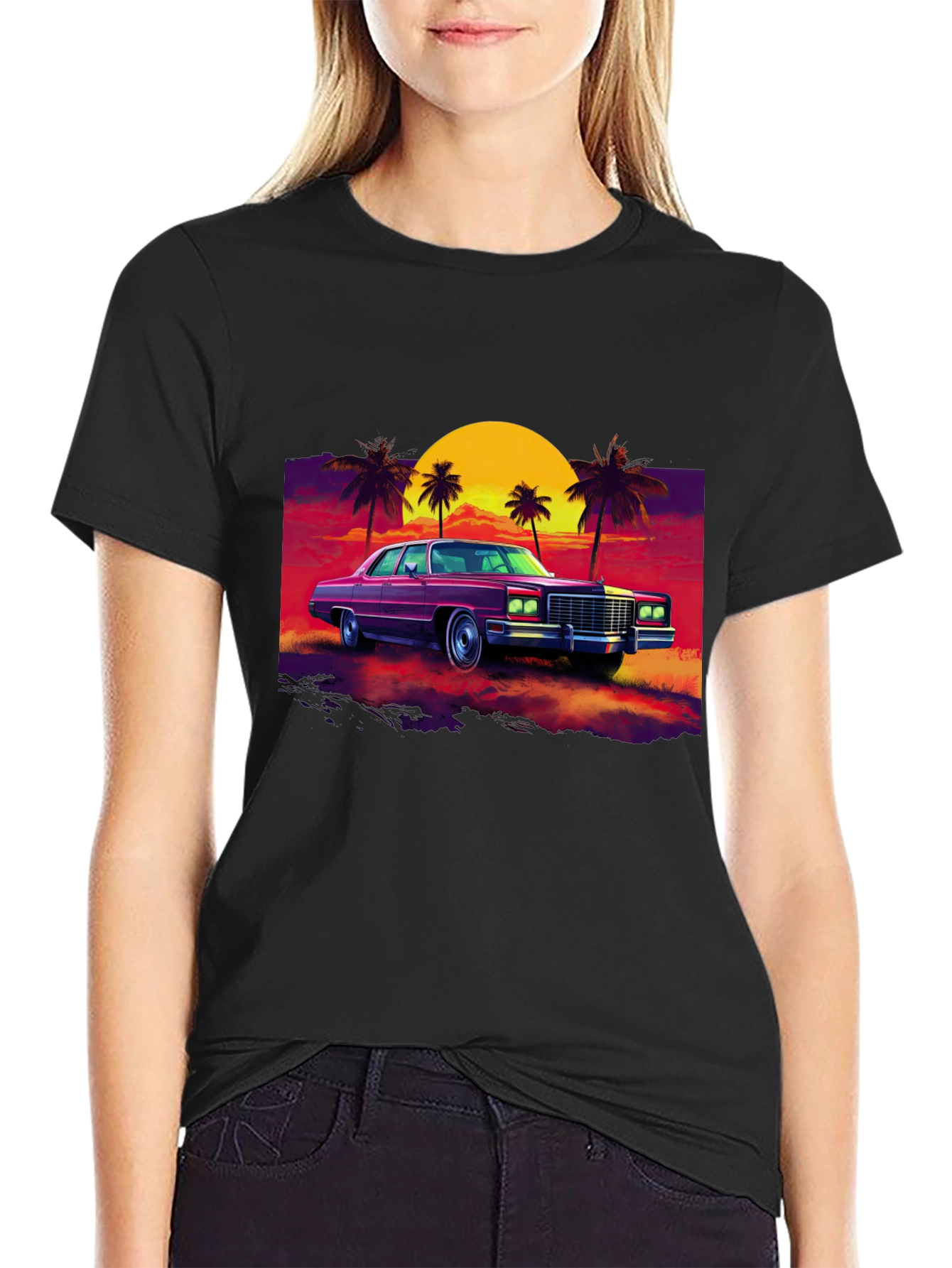 Black Retro Car & Sunset Graphic Tee view 2