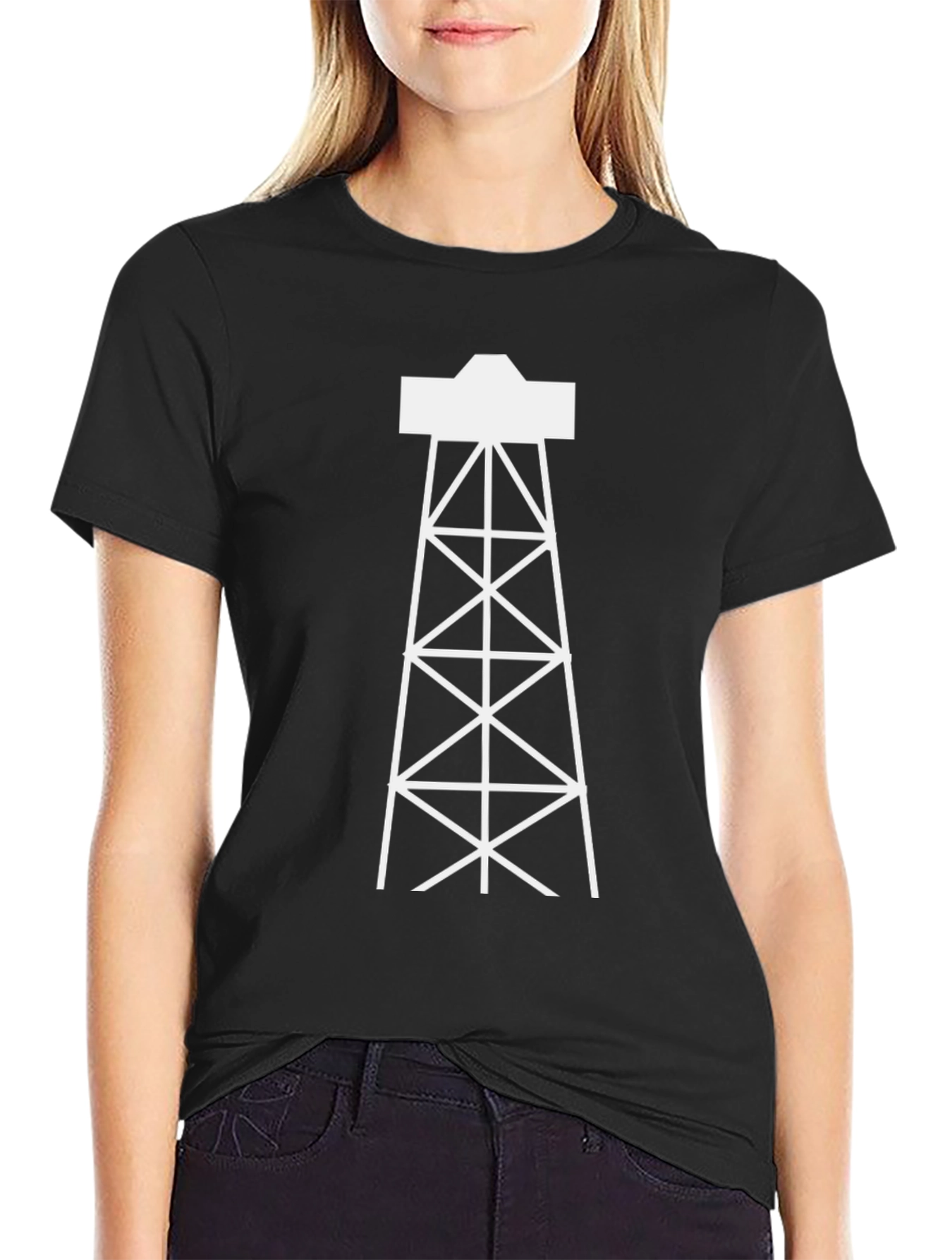 Black Oil Rig Derrick Graphic Tee - Black Cotton T-Shirt view 2