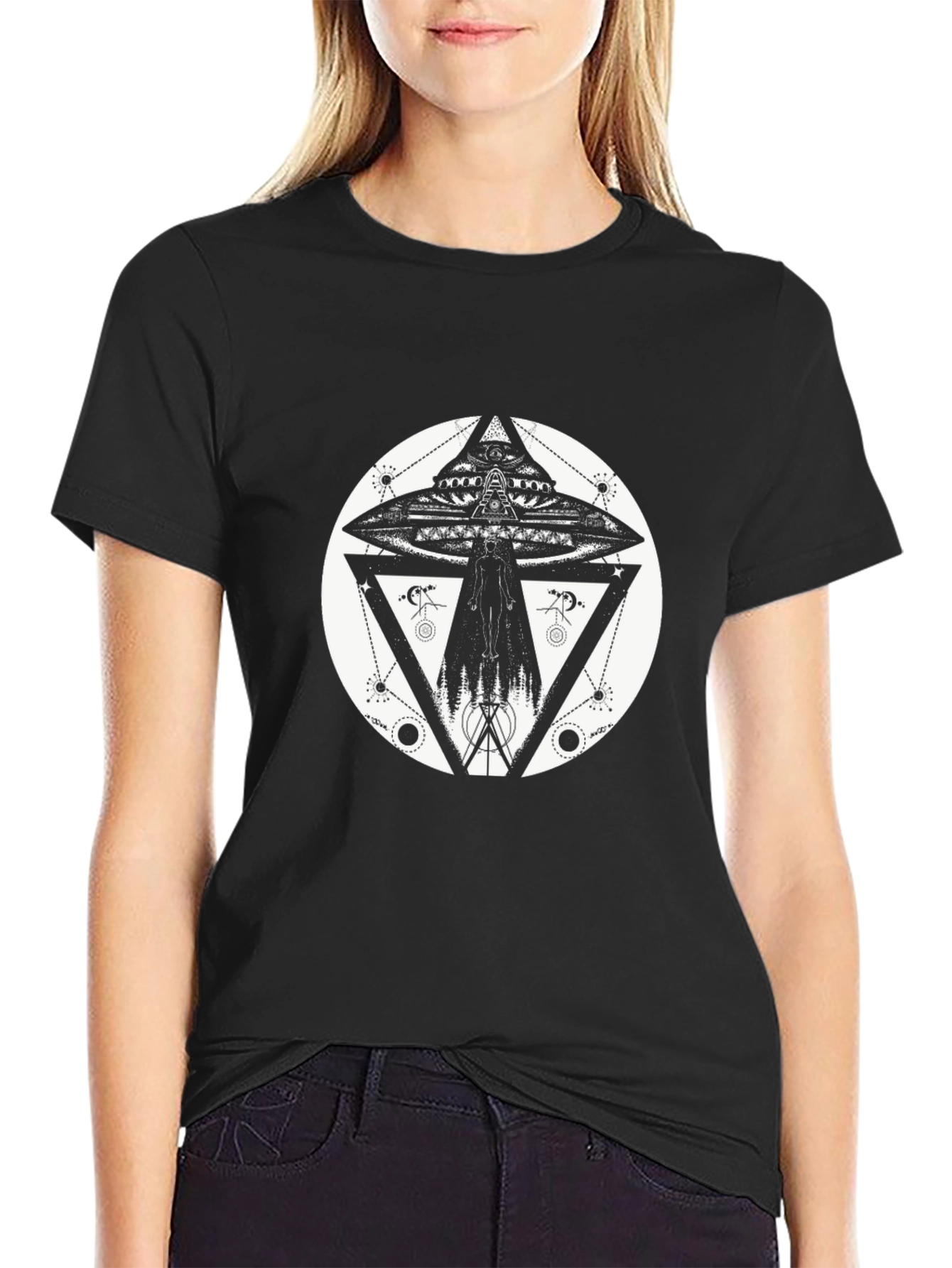 Black UFO Geometric Print Black T-Shirt view 2