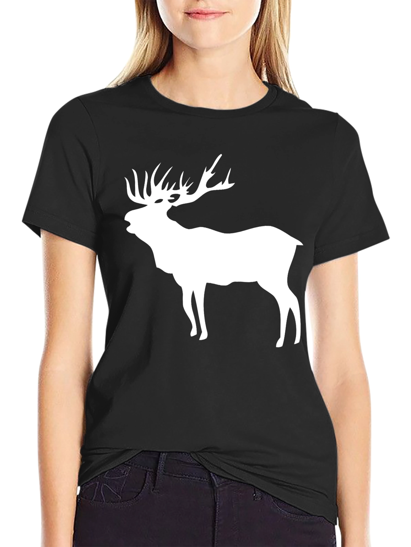 Black Men's Black T-Shirt with White Elk Silhouette view 2