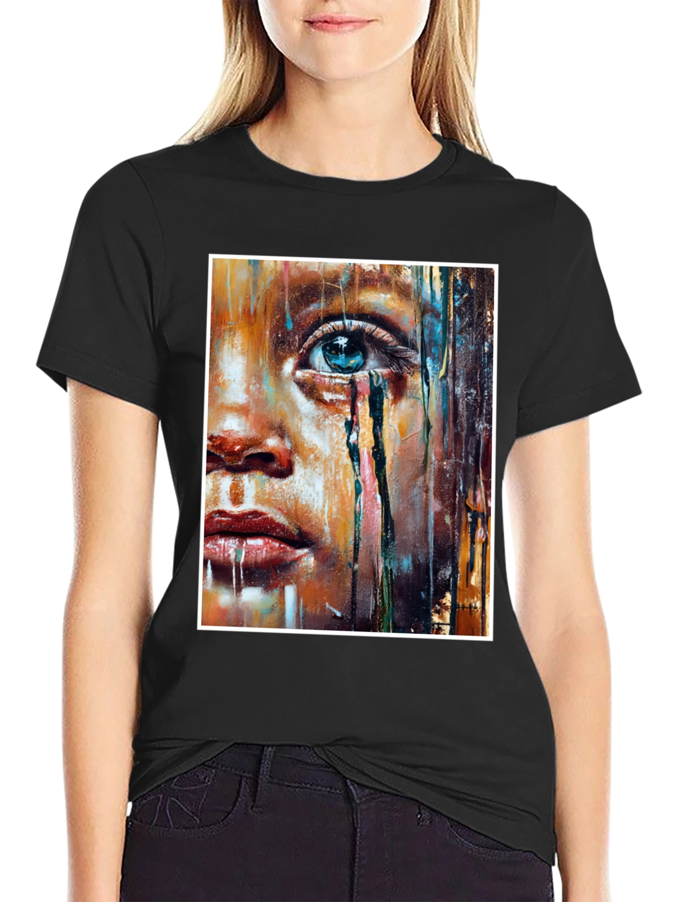 Black Artistic Teary Eye Graphic Black T-Shirt view 2