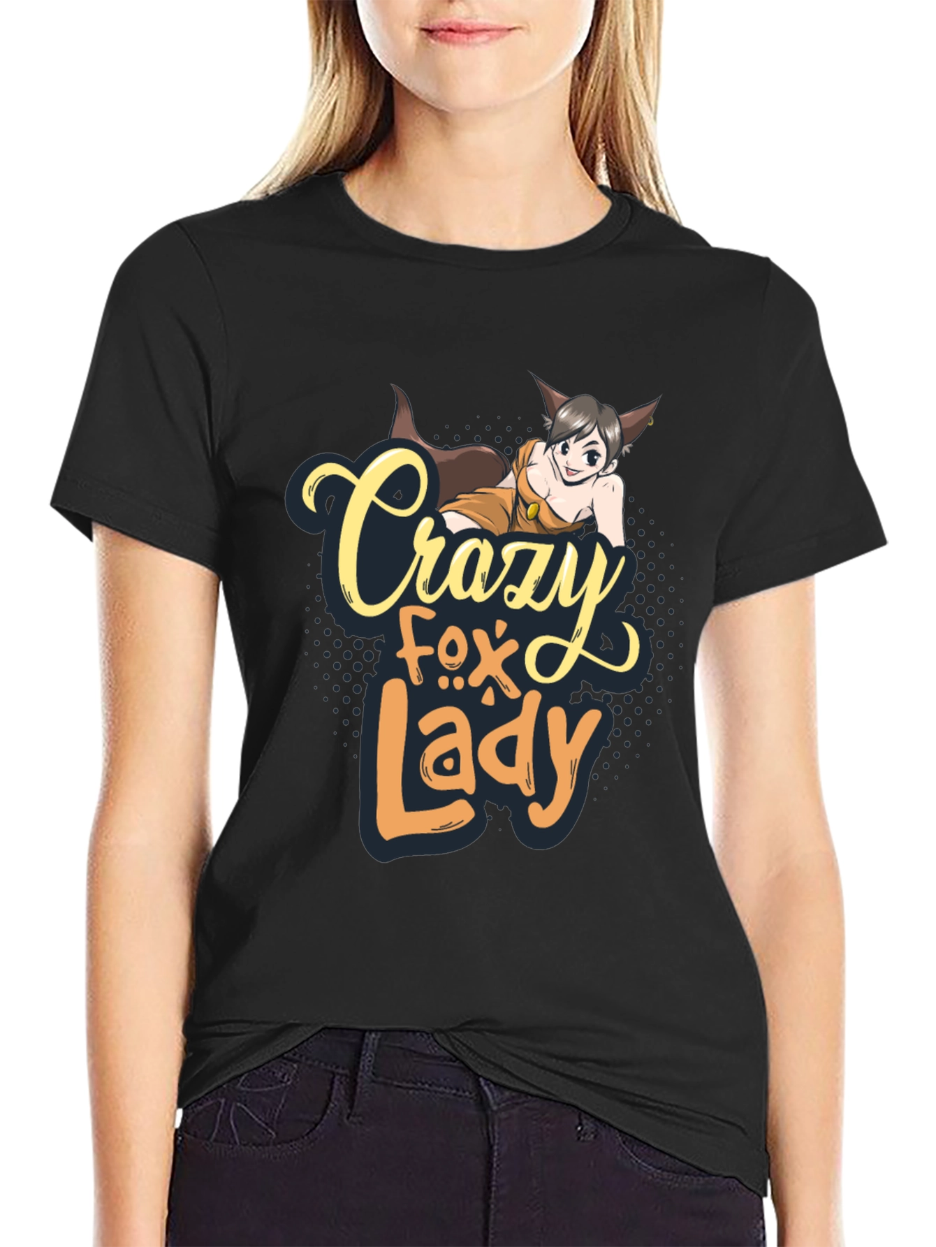 Black Crazy Fox Lady Graphic T-Shirt - Unisex view 2