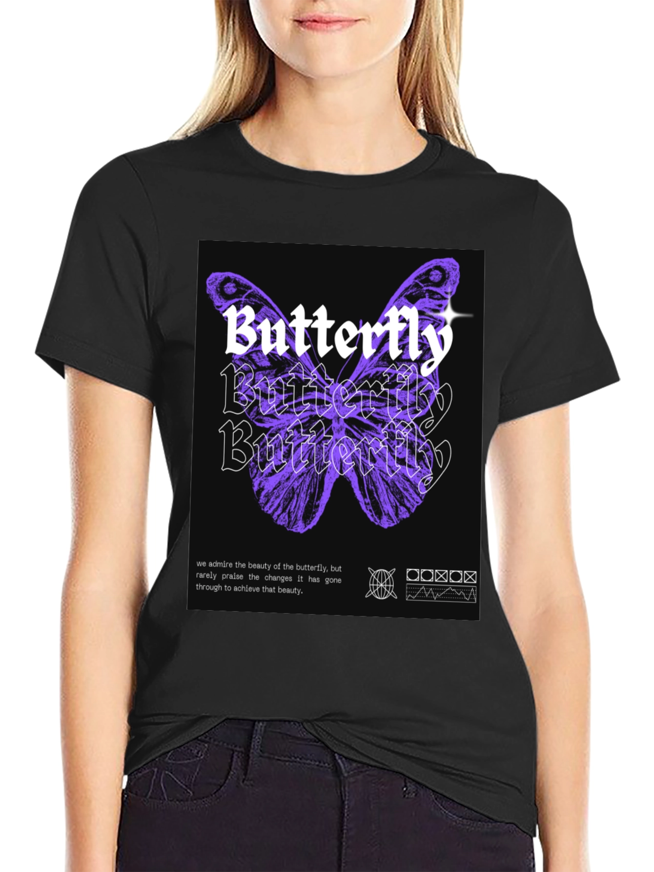 Black Butterfly Graphic Print Black T-Shirt view 2