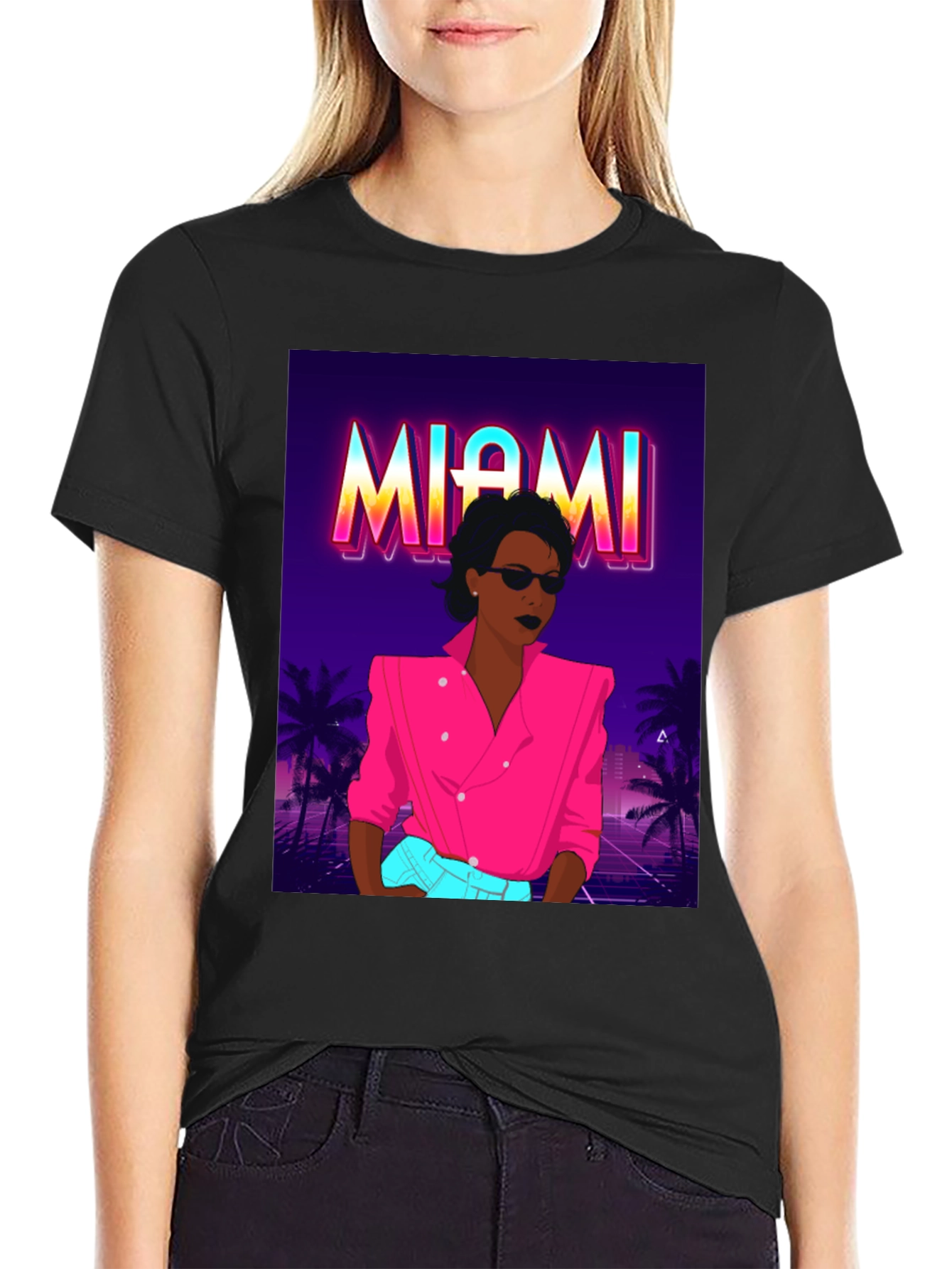 Black Miami Vice Style Graphic T-Shirt - Retro Design view 2