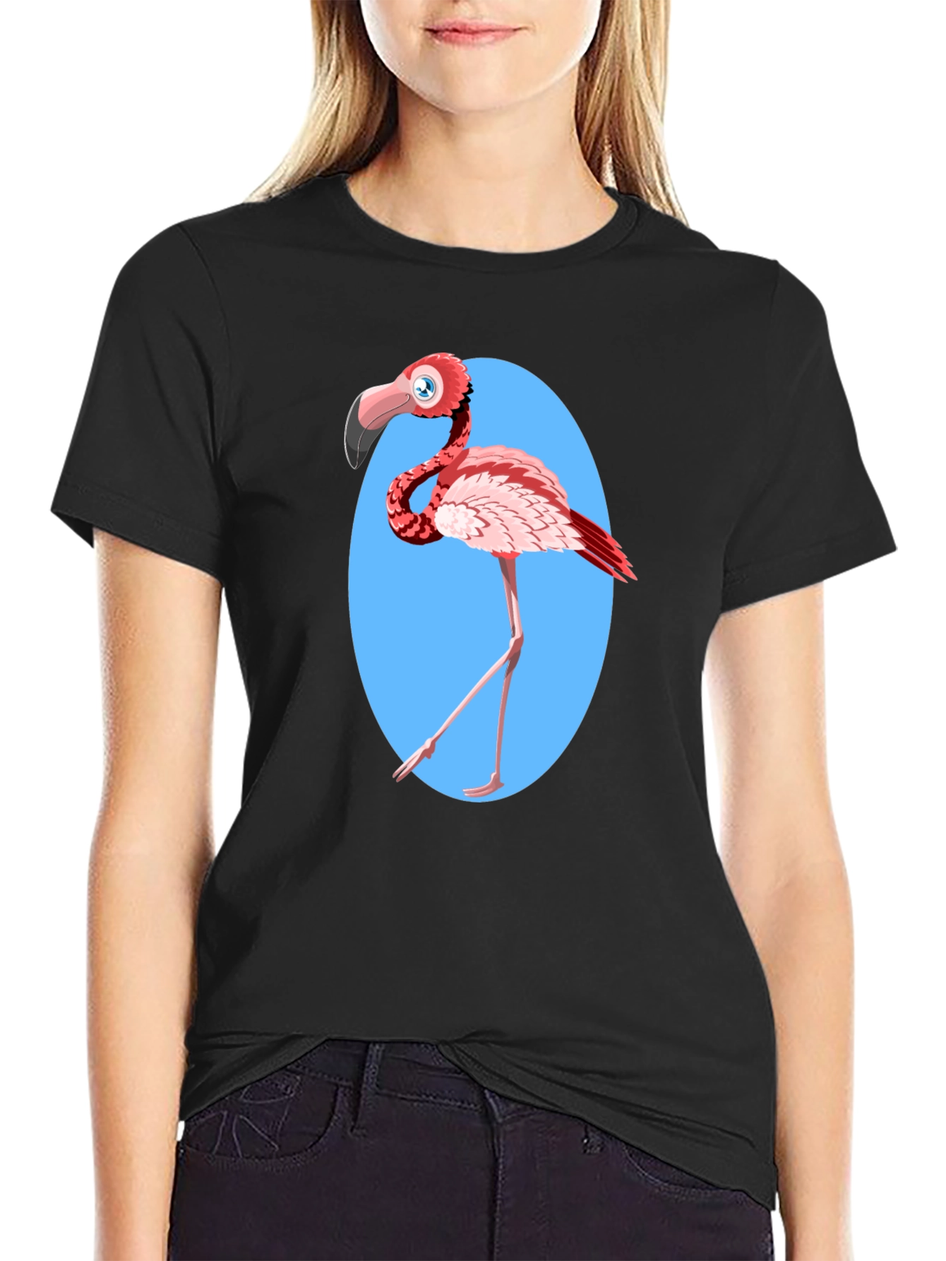 Black Cartoon Flamingo Graphic Tee - Fun Novelty Design view 2