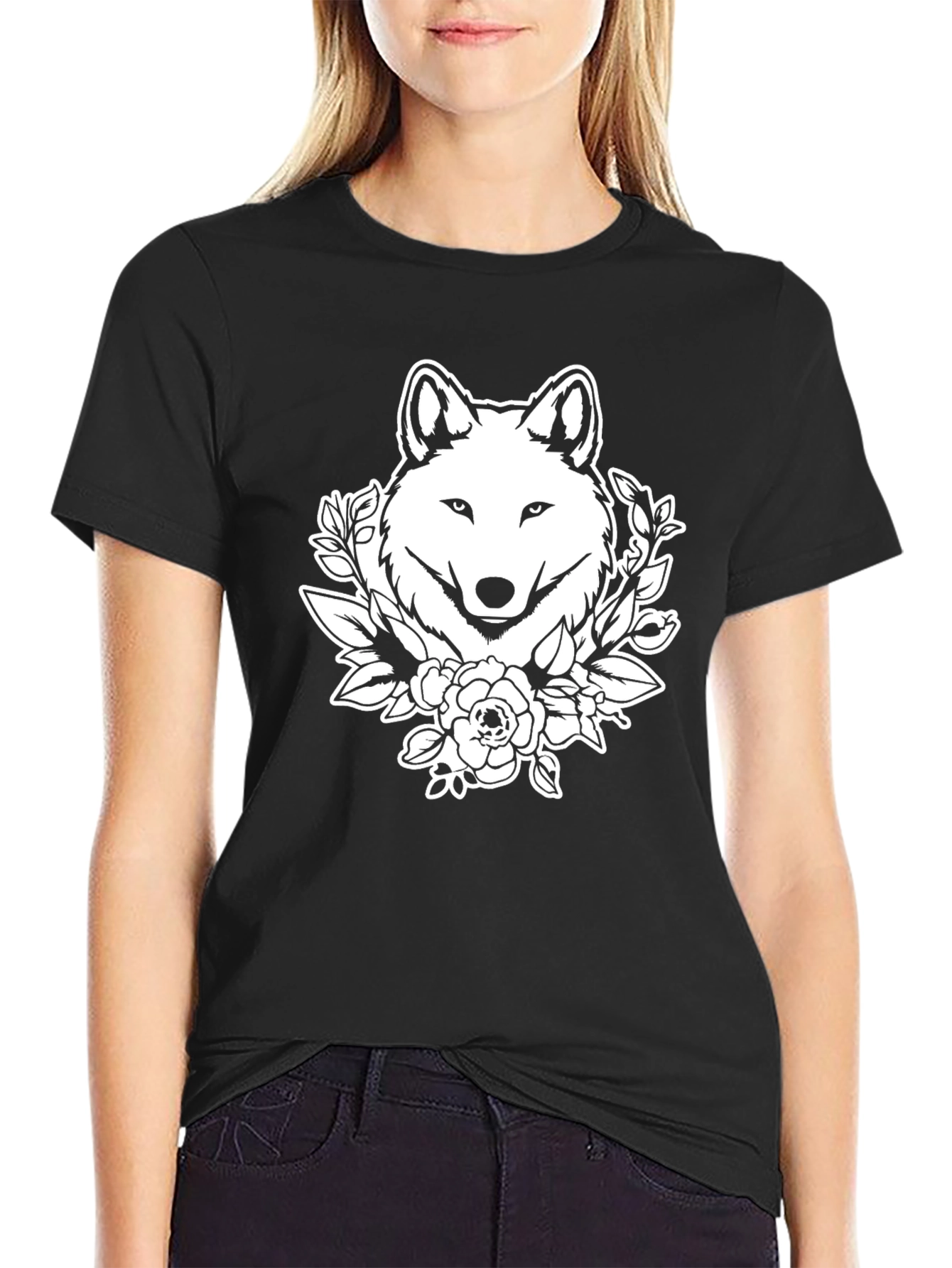 Black Wolf Floral Graphic T-Shirt - Black view 2