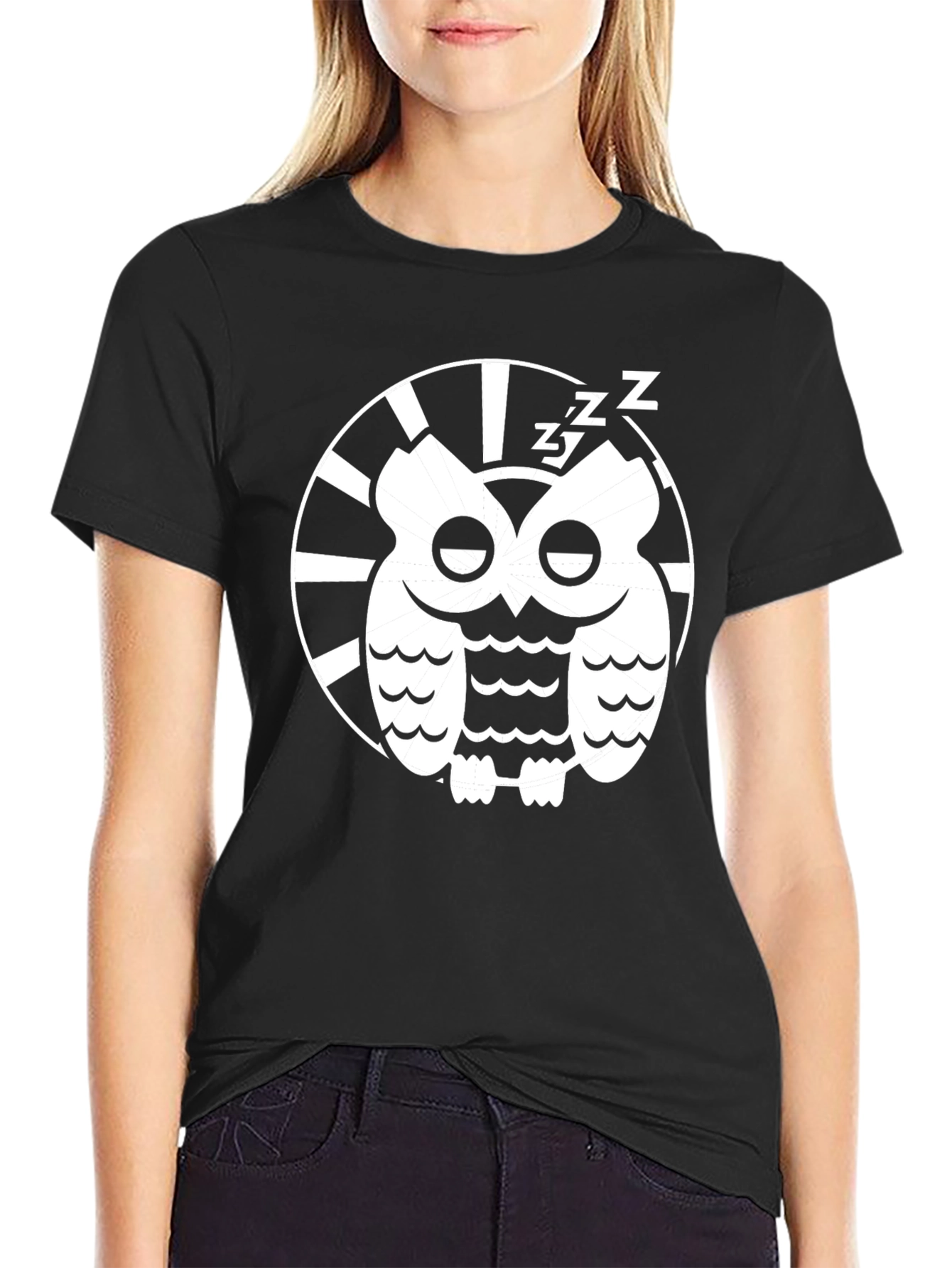 Black Sleepy Owl Graphic Tee - Black Cotton T-Shirt view 2