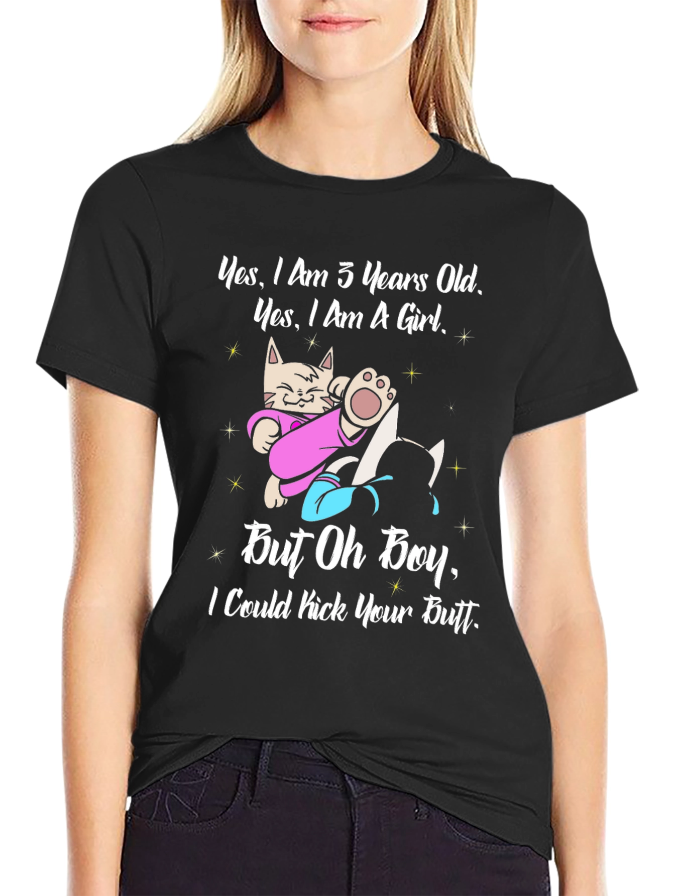 Black Funny Cat Girl T-Shirt - 3 Years Old and Ready to Kick Butt! view 2