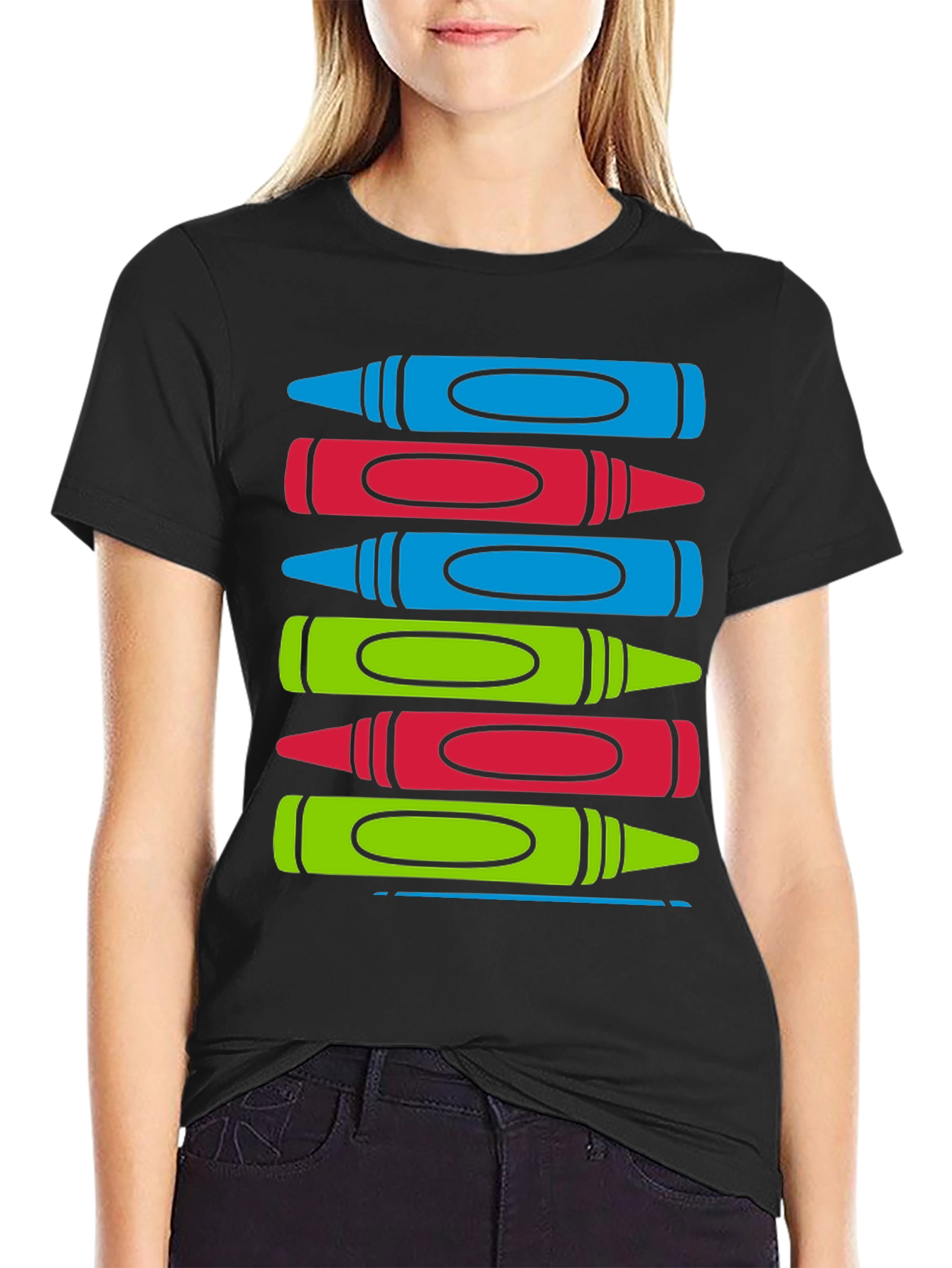 Black Colorful Crayon Stack Graphic Tee view 2