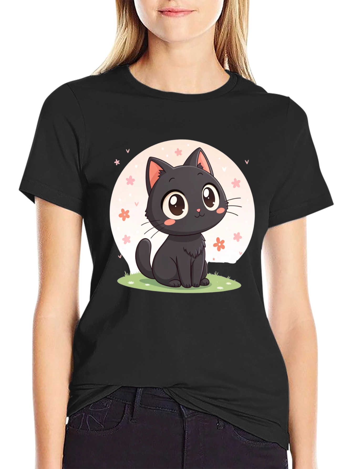 Black Cute Black Cat T-Shirt: Kawaii Cartoon Design view 2