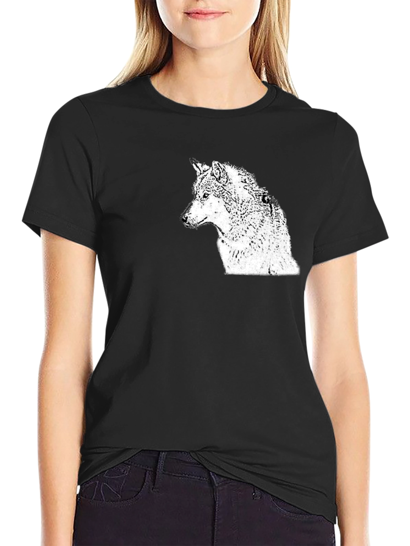 Black Wolf Graphic Print Crew Neck T-Shirt view 2