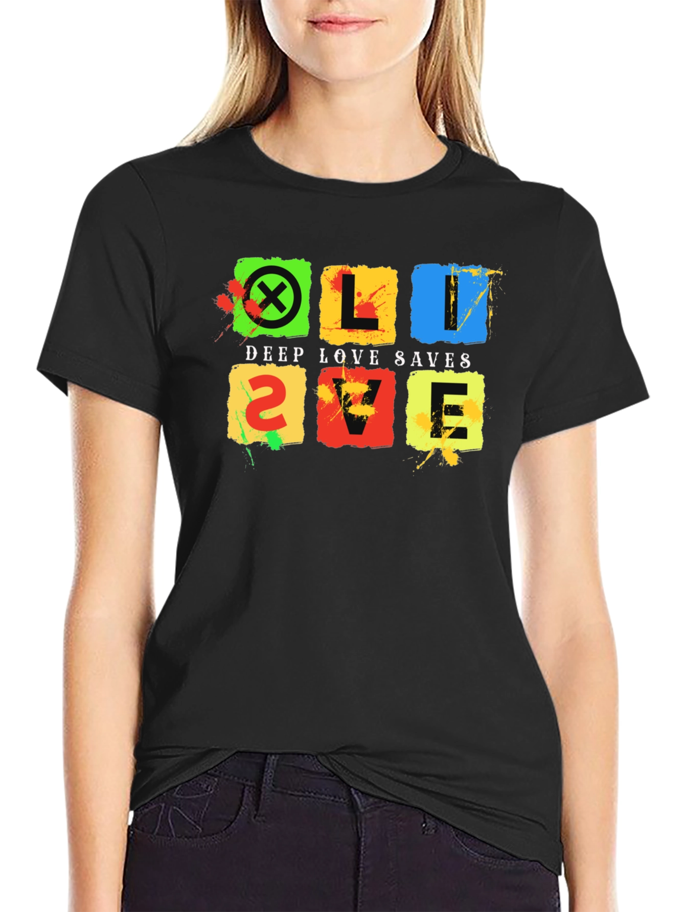 Black Deep Love Saves Black T-Shirt - Colorful Graphic Design view 2